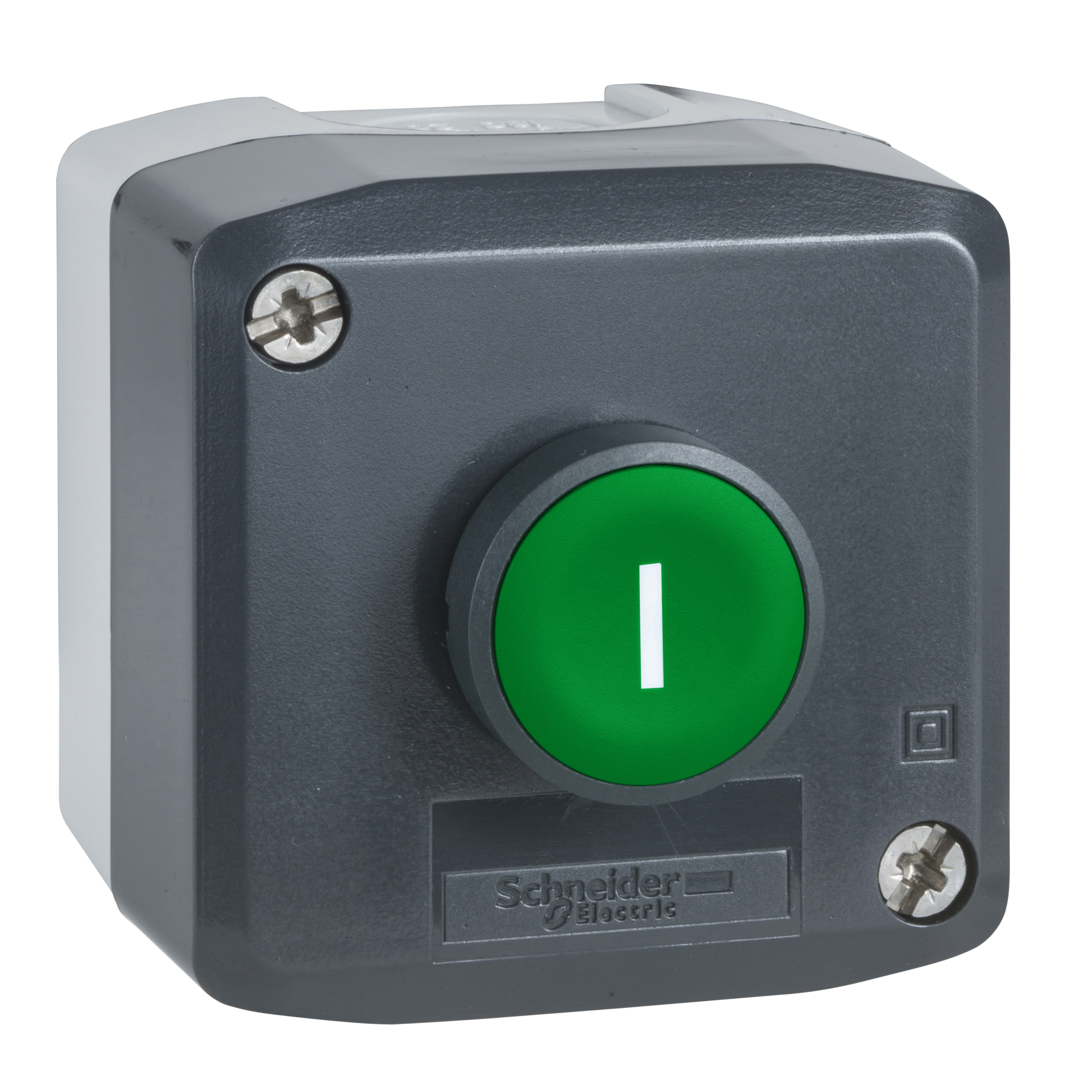 XALD102 - Harmony XALD, XALK, Control station, plastic, dark grey lid, 1 green flush push button Ø22, spring return, marked I, 1 NO Schneider Electric
