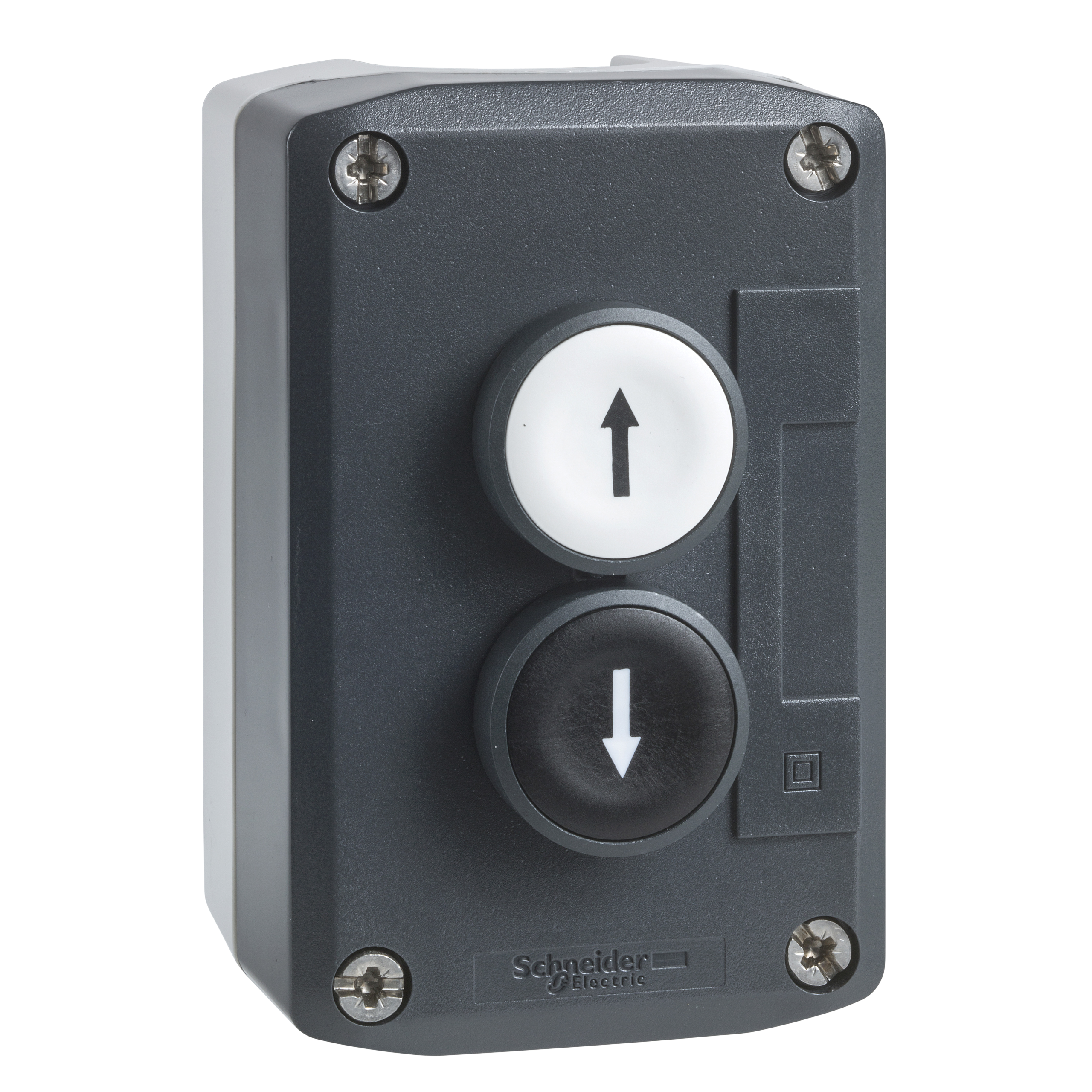 XALD222 - Harmony XALD, XALK, Control station, plastic, dark grey lid, 2 flush push buttons Ø22, marked UP ARROW DOWN ARROW, 2 NO Schneider Electric