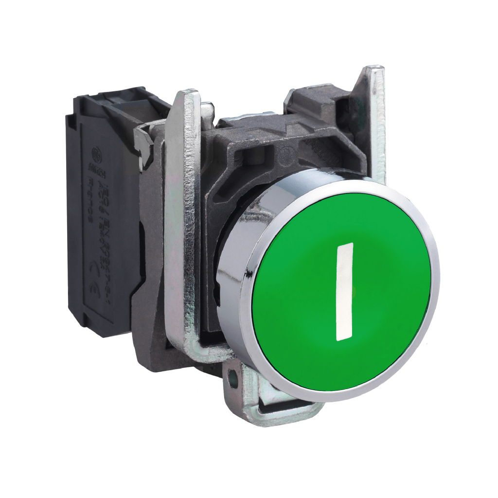XB4BA3311 - Harmony XB4, Push button, metal, flush, green, Ø22, spring return, marked I, 1NO Schneider Electric