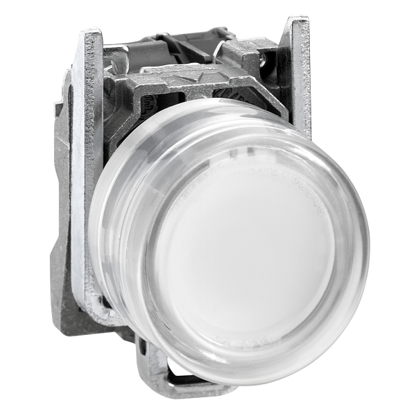 Complete illuminated push button, Harmony XB4, metal, flush, white, Ø22 mm, spring return, booted, 230 V AC, 1 NO, ATEX Schneider Electric