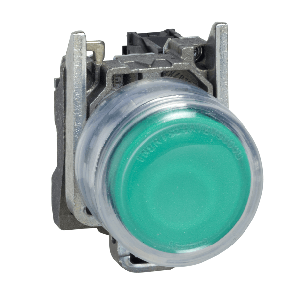 XB4BP383G5EX — XB4BP383G5EX - Complete illuminated push button, Harmony XB4, metal, flush, green, Ø22 mm, spring return, booted, 110...220 V AC, 1 NO, ATEX Schneider Electric
