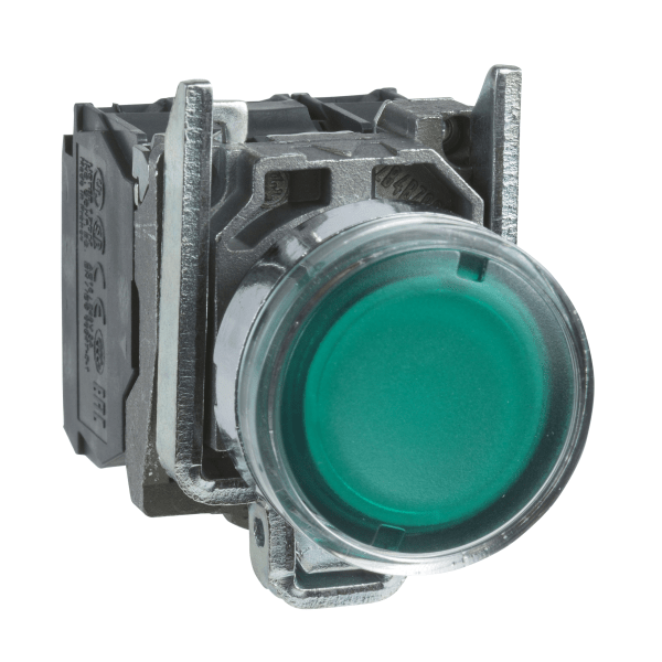 Harmony XB4, Illuminated push button, metal, flush, green, Ø22, spring return, <= 250 V, 1 NO + 1 NC Schneider Electric