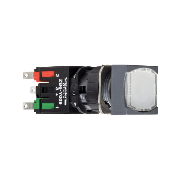 Complete illuminated push button, Harmony XB6, white square flush illum pushbutton Ø 16 spring return 1NO+1NC 12...24 V Schneider Electric
