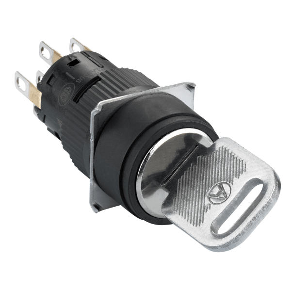 Monolithic selector switch, Harmony XB6E, round black key Ø 16 projecting keylock 3 positions 2CO