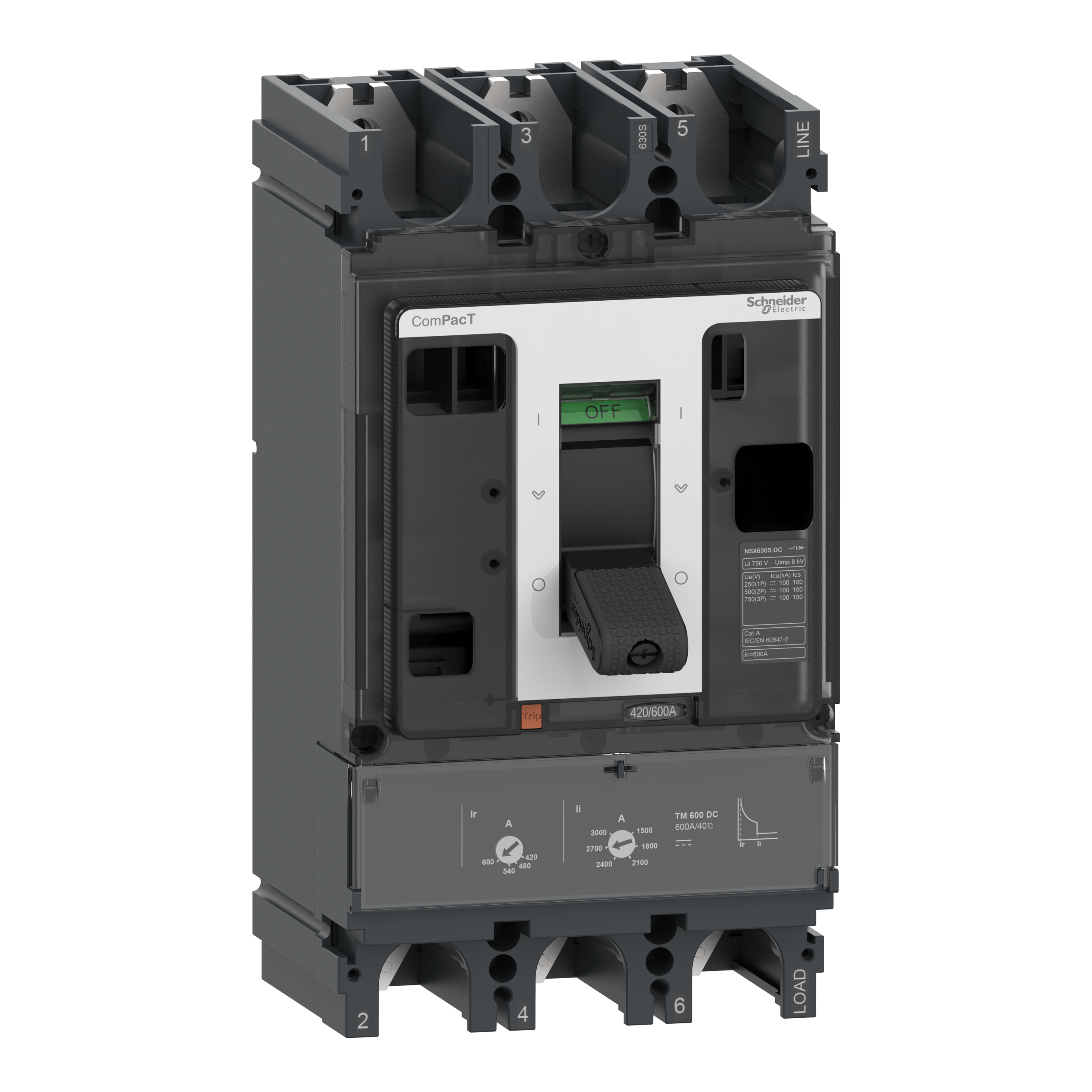 C63F3TM500D - Circuit breaker ComPacT NSX500F DC, 36kA at 750 VDC, TM-DC trip unit, 500 A rating, 3 poles Schneider Electric