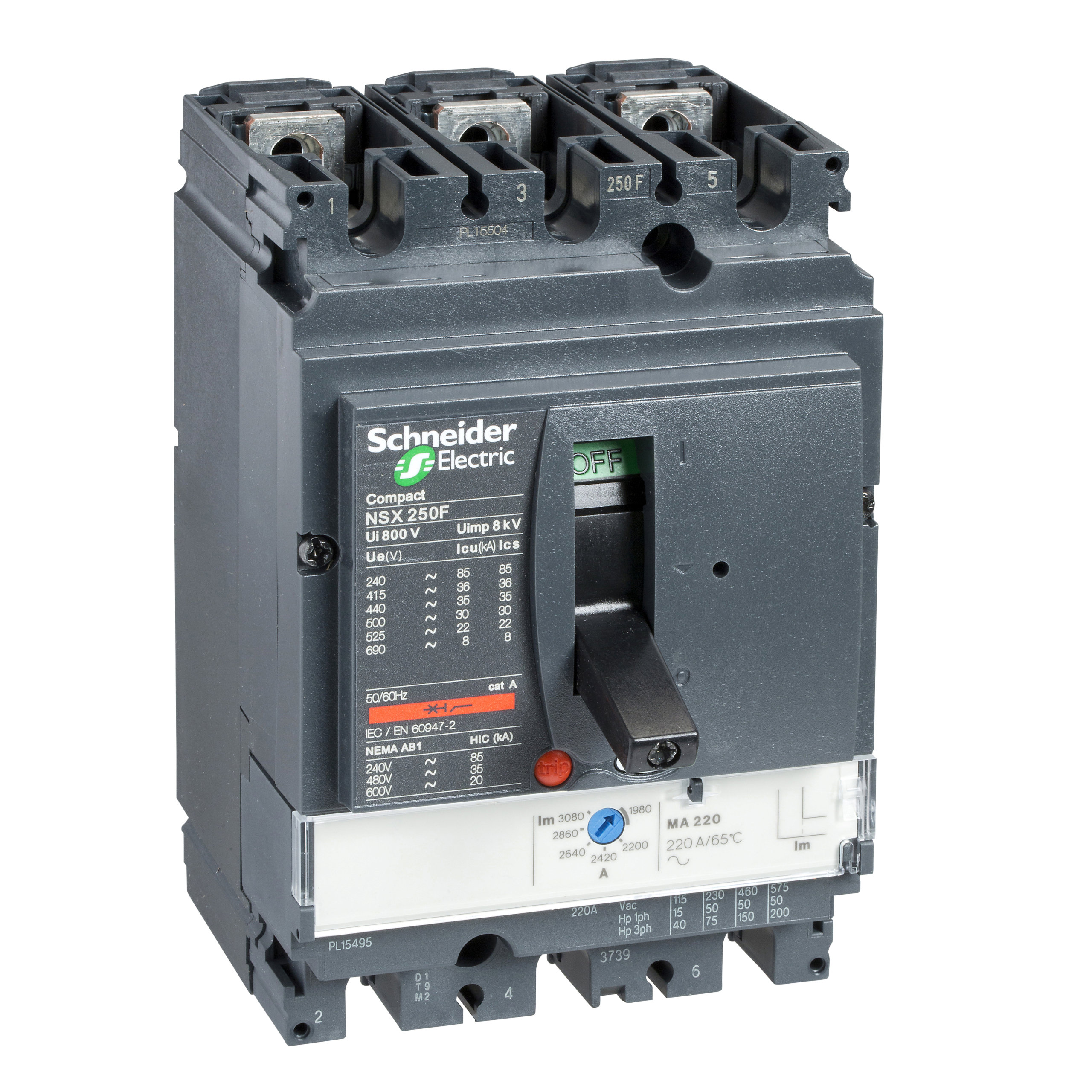 LV431756 - circuit breaker ComPact NSX250H, 70 kA at 415 VAC, MA trip unit 220 A, 3 poles 3d Schneider Electric