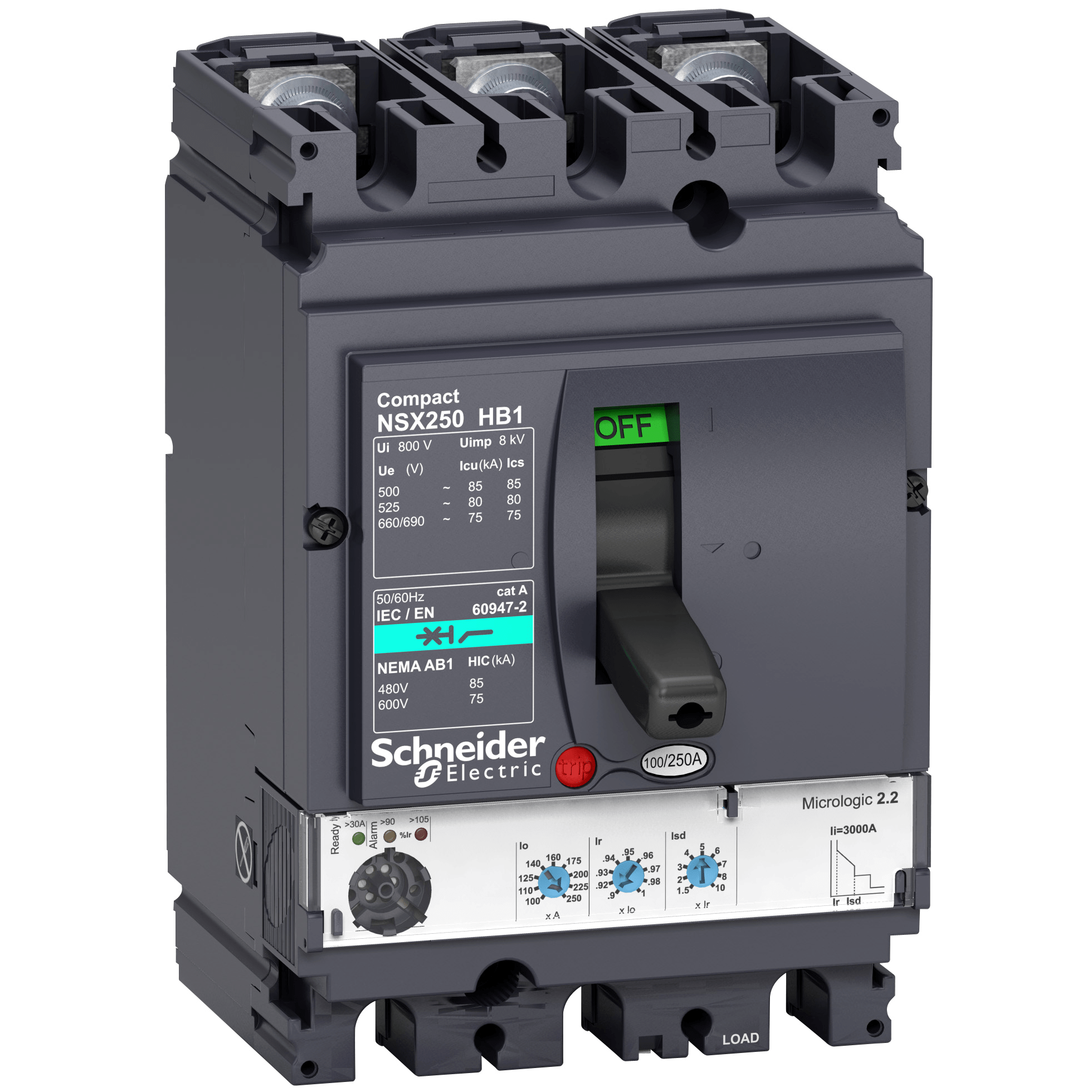 LV433305 - circuit breaker ComPact NSX100HB1, 75 kA at 690 VAC, MicroLogic 2.2 M trip unit 50 A, 3 poles 3d Schneider Electric