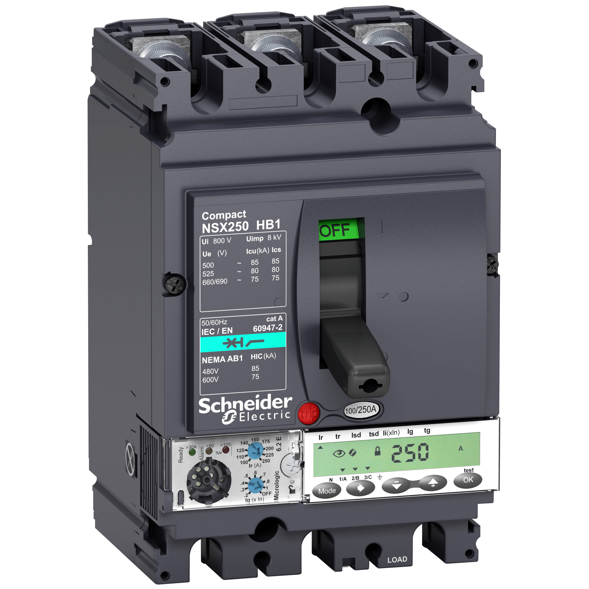 LV433313 - circuit breaker ComPact NSX100HB1, 75 kA at 690 VAC, MicroLogic 6.2 E trip unit 100 A, 3 poles 3d Schneider Electric