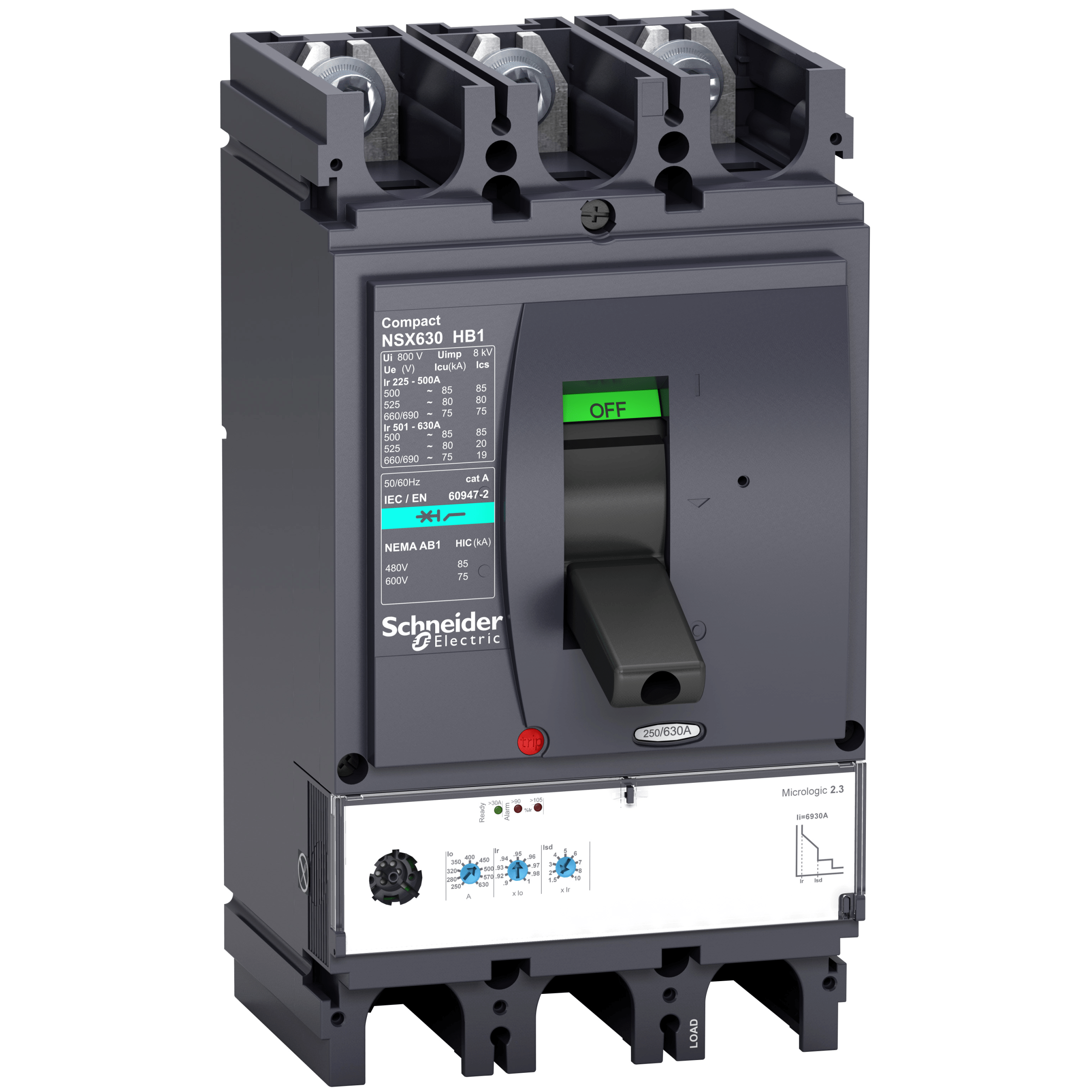 LV433622 - circuit breaker ComPact NSX400HB1, 75 kA at 690 VAC, MicroLogic 2.3 trip unit, 400 A, 3 poles 3d Schneider Electric