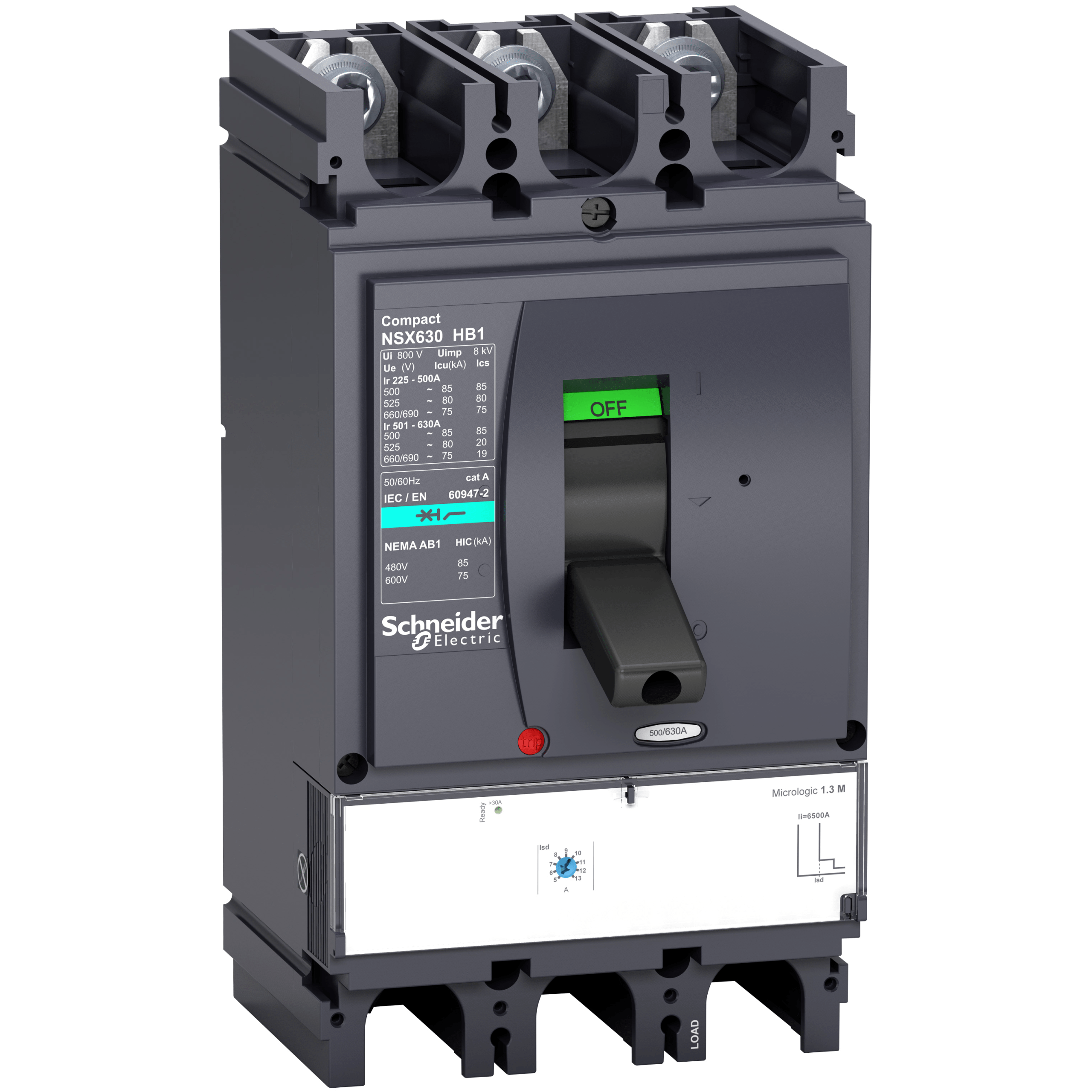 LV433722 - circuit breaker ComPact NSX630HB1, 75 kA at 690 VAC, MicroLogic 1.3 M trip unit 500 A, 3 poles 3d Schneider Electric