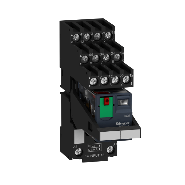 Harmony, Miniature plug-in relay pre-assembled, 6 A, 4 CO, with LED, with lockable test button, separate terminals socket, 24 V AC Schneider Electric
