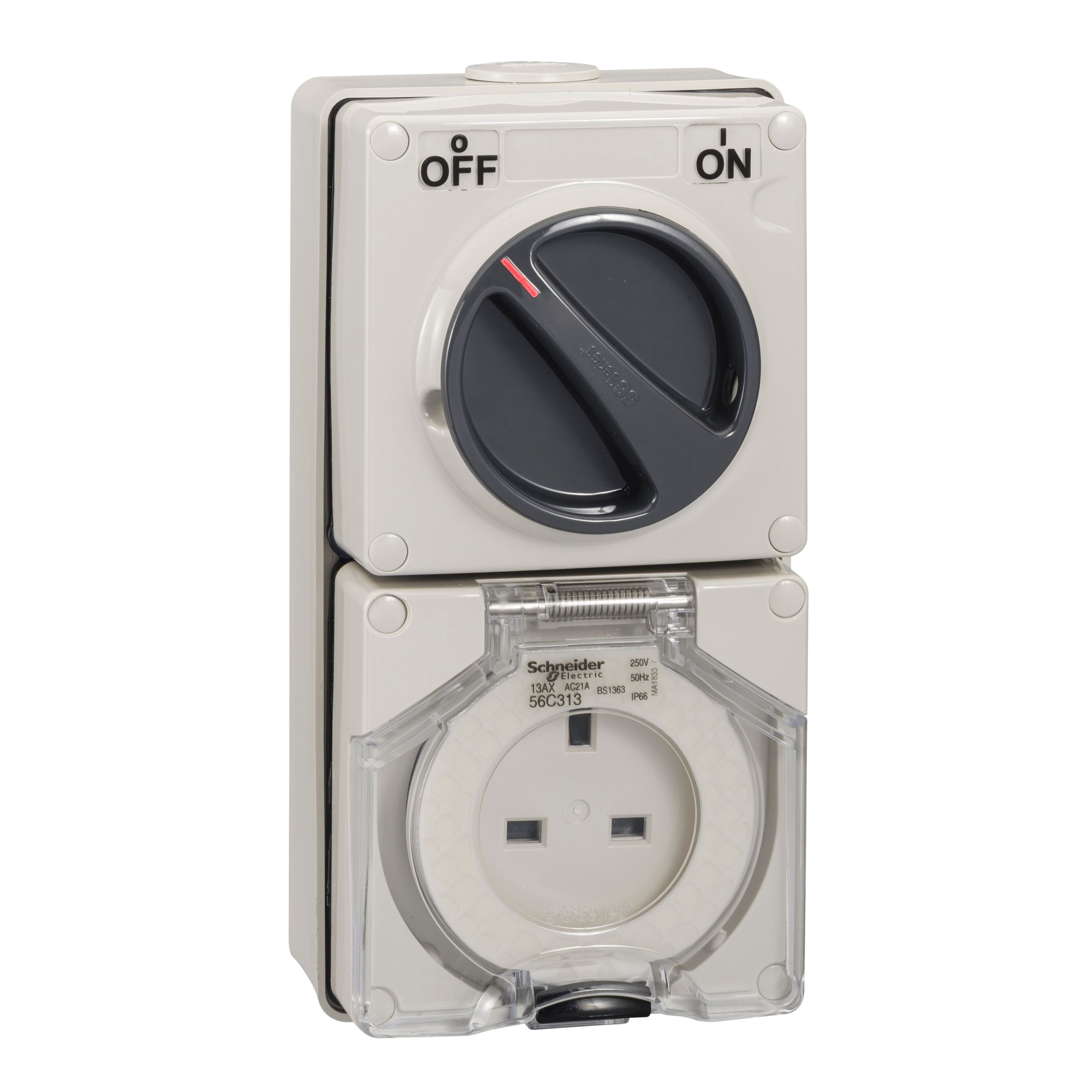 S56C313GY - Switch Socket - 13A 250V - 3 phase 3 pole - flat pin - IP66 (grey) Schneider Electric