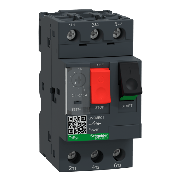 GV2ME01 — GV2ME01 - Motor circuit breaker, TeSys GV2, 3P, 0.1-0.16 A, thermal magnetic, screw clamp terminals Schneider Electric
