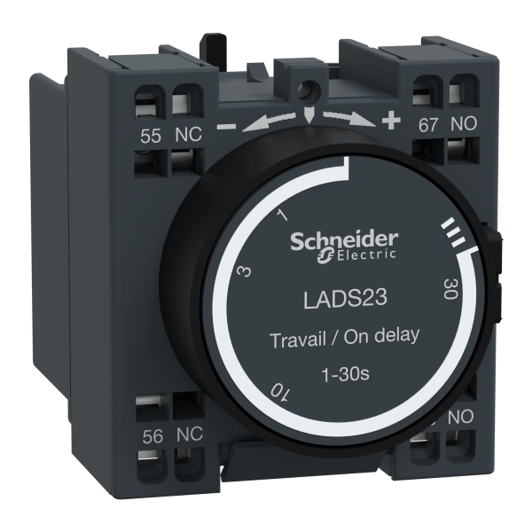 LADS23 — LADS23 - Time delay auxiliary contact block, TeSys D, 1NO + 1NC, on delay 1-30s, front, spring terminals Schneider Electric