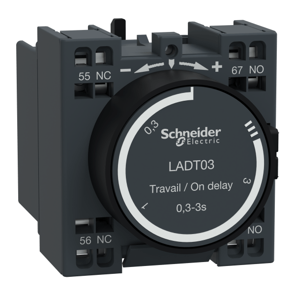 LADT03 — LADT03 - Time delay auxiliary contact block, TeSys D, 1NO + 1NC, on delay 0.3-3s, front, spring terminals Schneider Electric