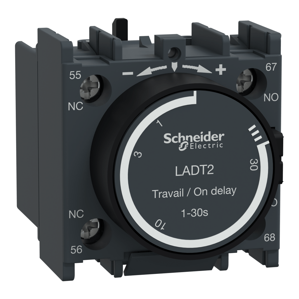LADT2 - Time delay auxiliary contact block, TeSys D, 1NO + 1NC, on delay 0.1-30s, front, screw clamp terminals Schneider Electric