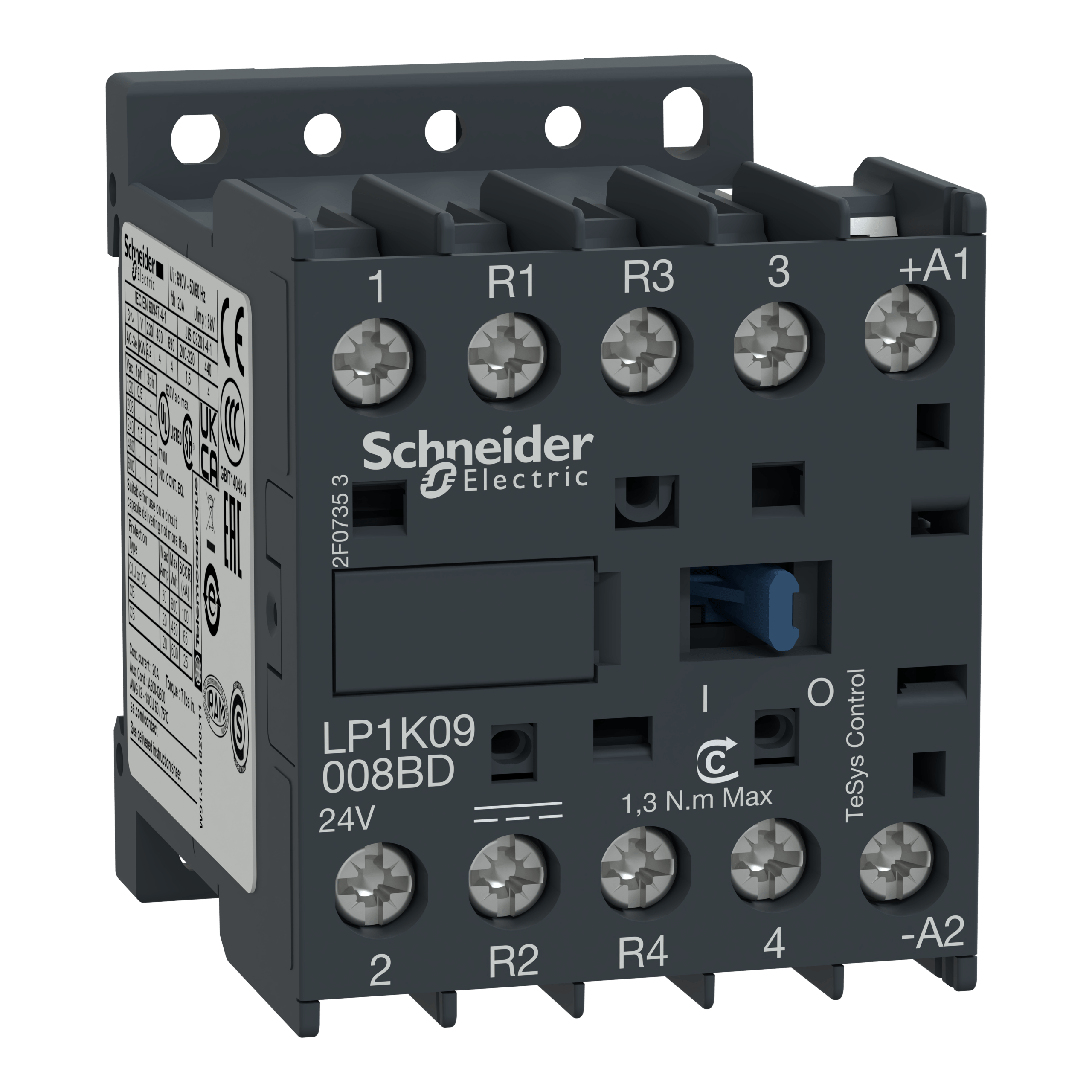 LP1K09008BD - TeSys K contactor - 4P (2 NO + 2 NC) - AC-1 <= 440 V 20 A - 24 V DC coil Schneider Electric