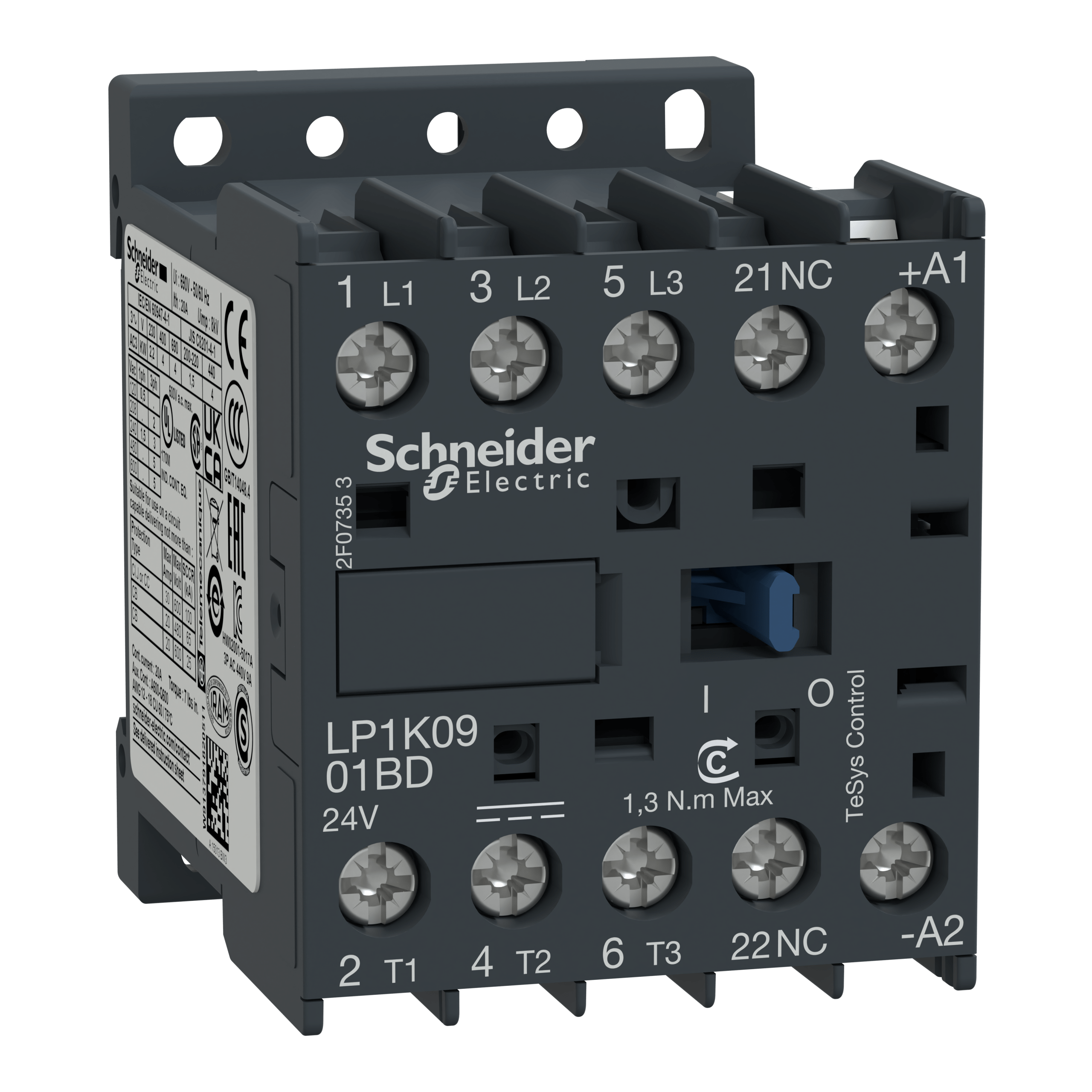LP1K0901BD - TeSys K contactor - 3P - AC-3 <= 440 V 9 A - 1 NC aux. - 24 V DC coil Schneider Electric