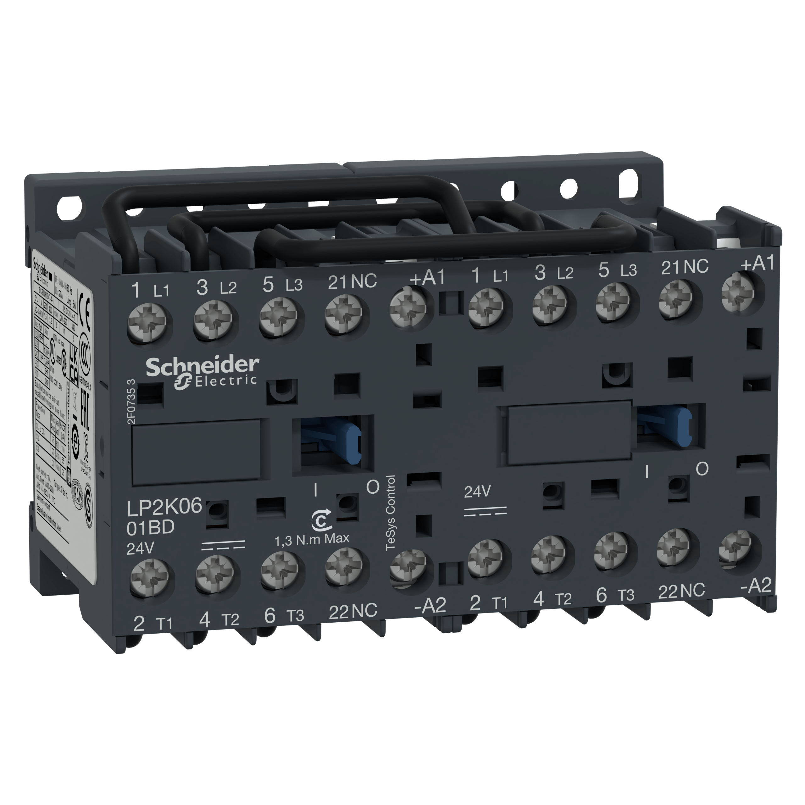 LP2K0601BD - TeSys K reversing contactor - 3P - AC-3 <= 440 V 6 A - 1 NC - 24 V DC coil Schneider Electric