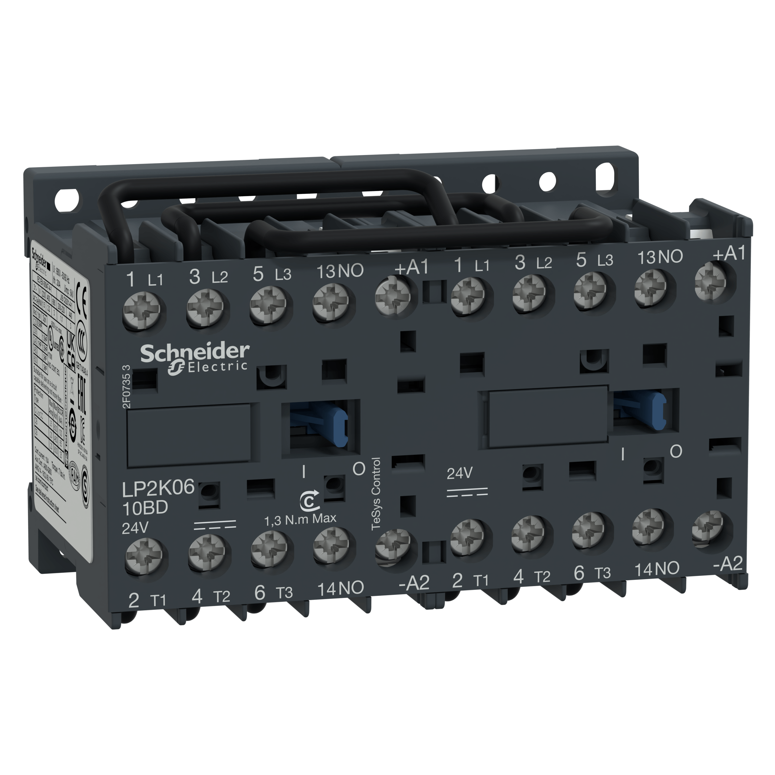 LP2K0610BD - TeSys K reversing contactor - 3P - AC-3 <= 440 V 6 A - 1 NO - 24 V DC coil Schneider Electric