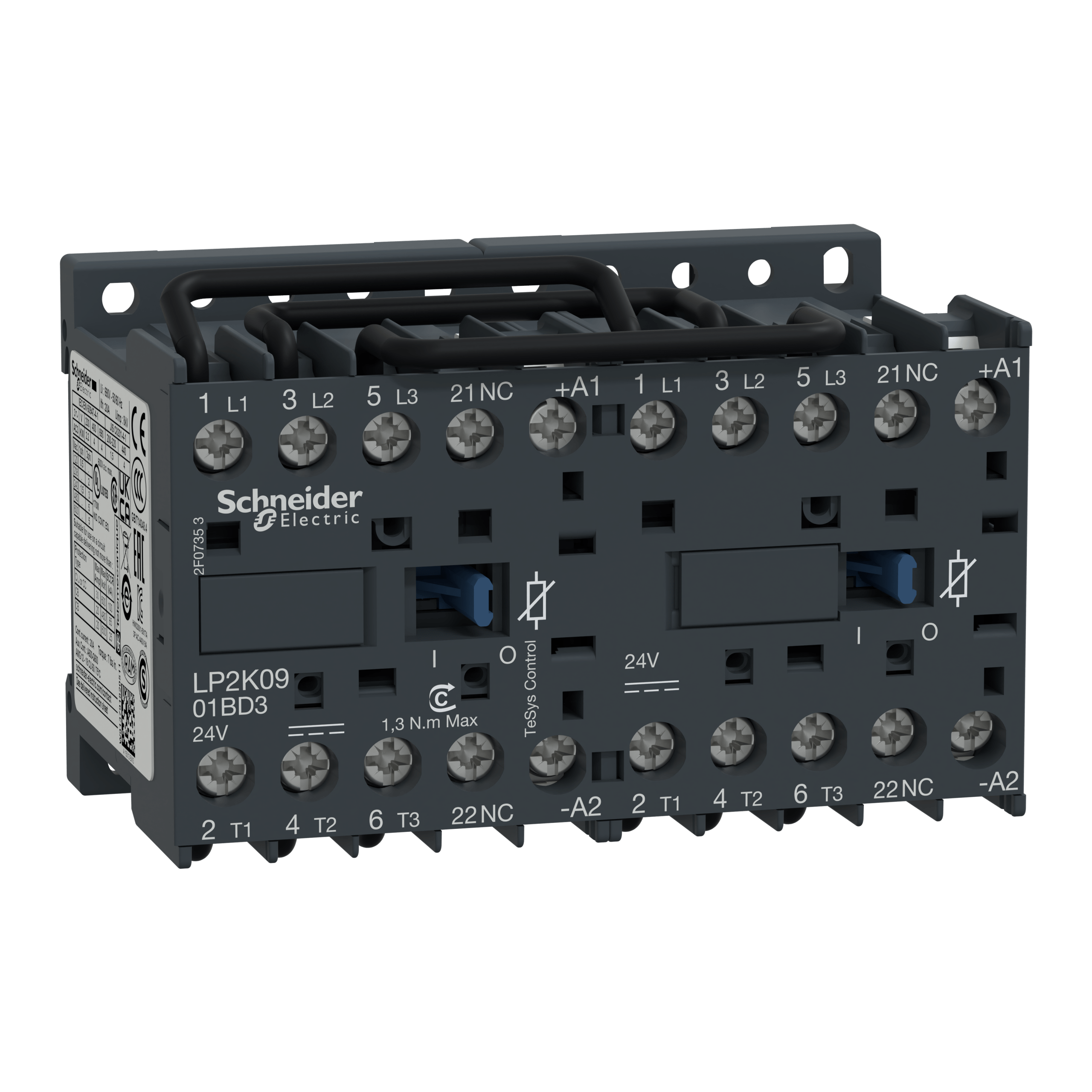 LP2K0901BD3 - TeSys K reversing contactor - 3P - AC-3 <= 440 V 9 A - 1 NC - 24 V DC coil Schneider Electric