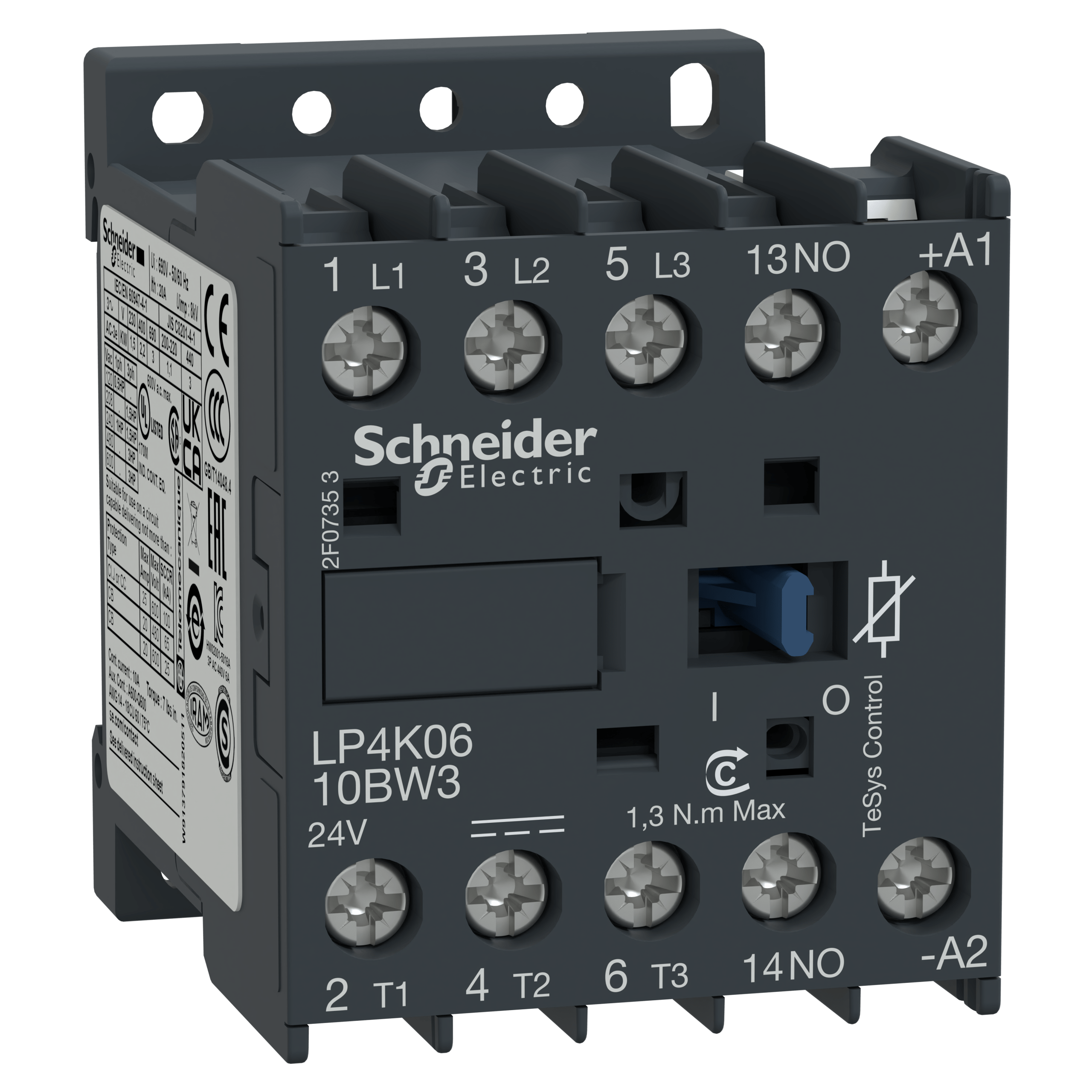 LP4K0610BW3 - TeSys K contactor - 3P - AC-3 <= 440 V 6 A - 1 NO aux. - 24 V DC coil Schneider Electric