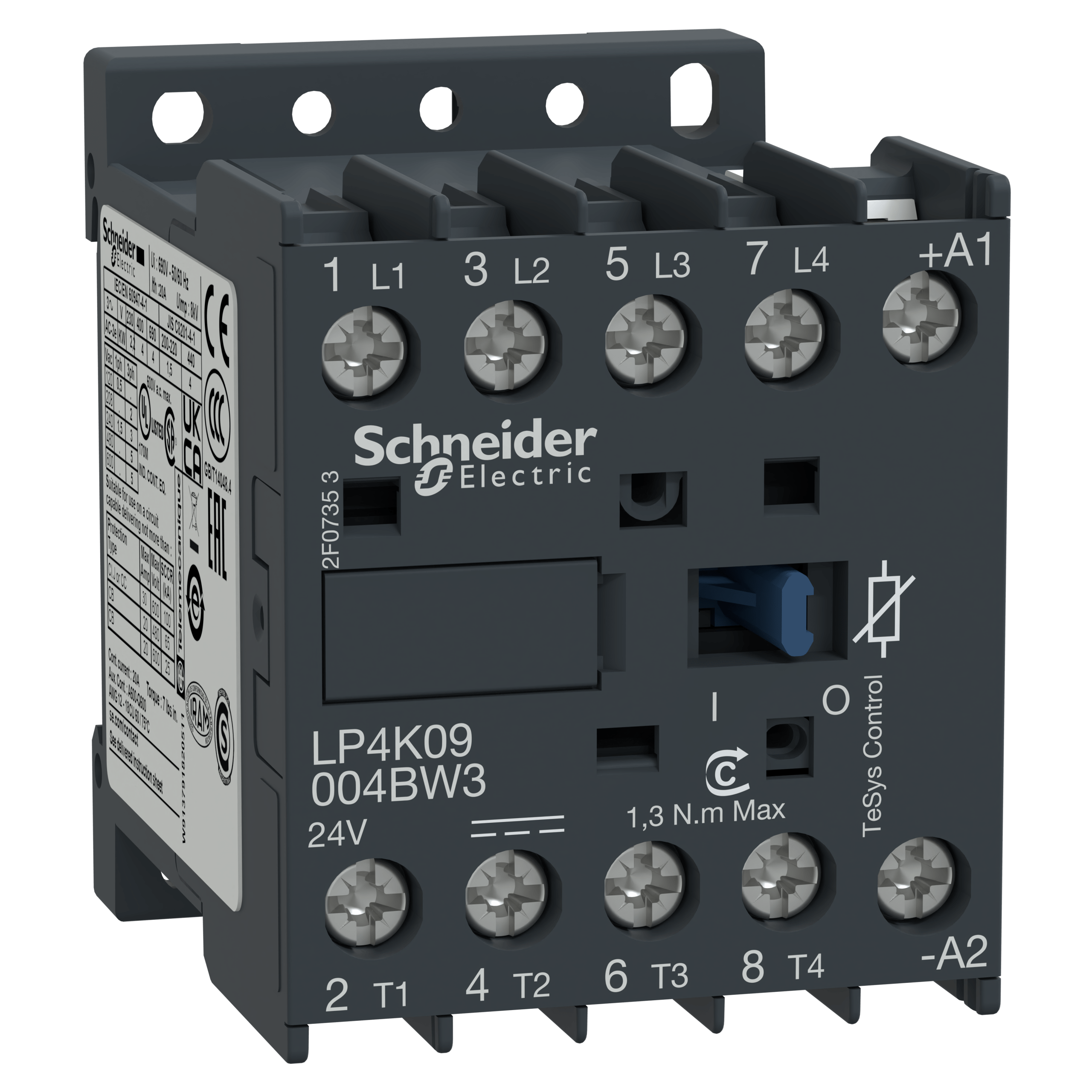 LP4K09004BW3 - TeSys K contactor - 4P (4 NO) - AC-1 <= 440 V 20 A - 24 V DC coil Schneider Electric