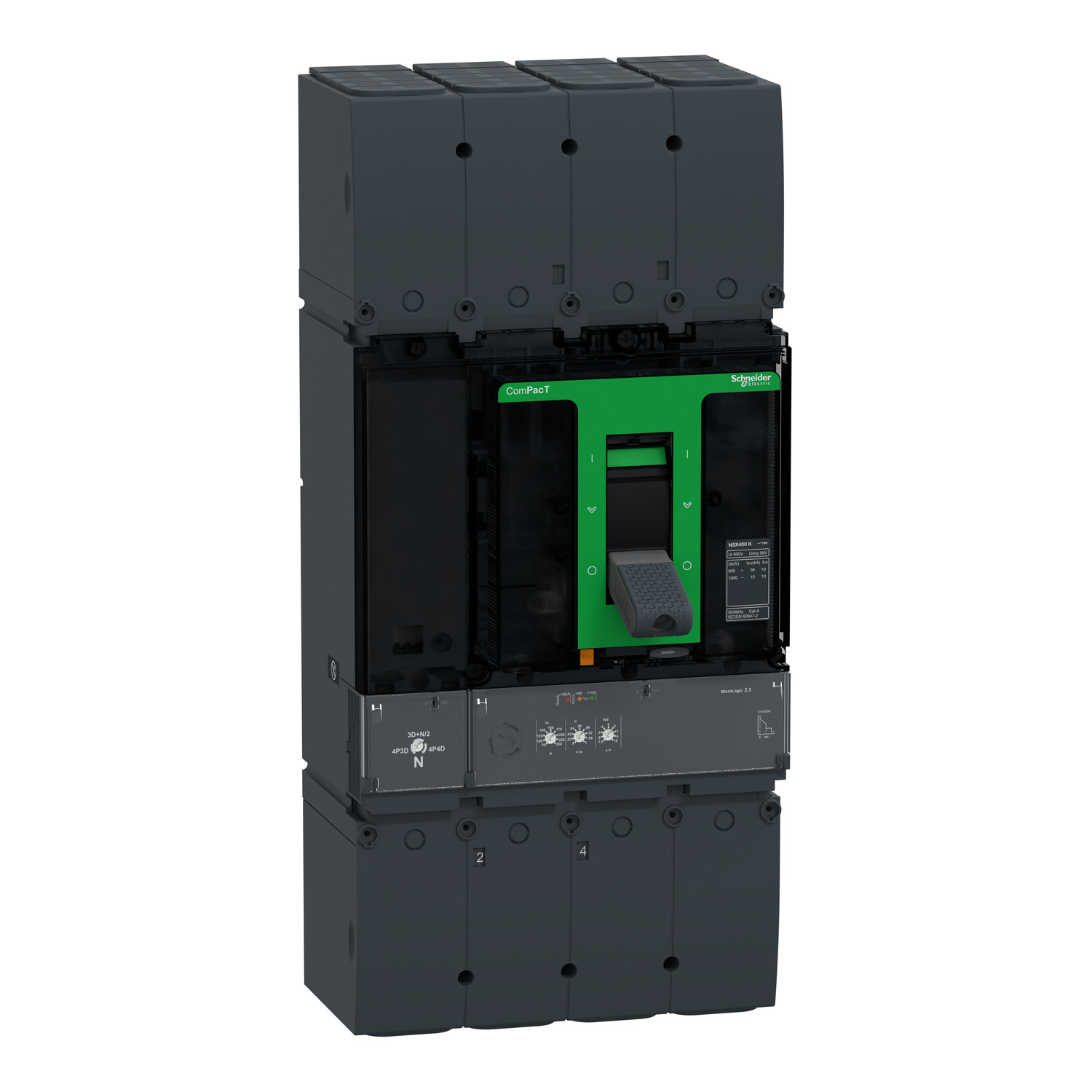 C40K42D400 – Circuit breaker ComPacT NSX400K, 36kA at 800VAC, 10kA at 1000VAC, MicroLogic 2.3 trip unit, 400A, 4 poles 4d…