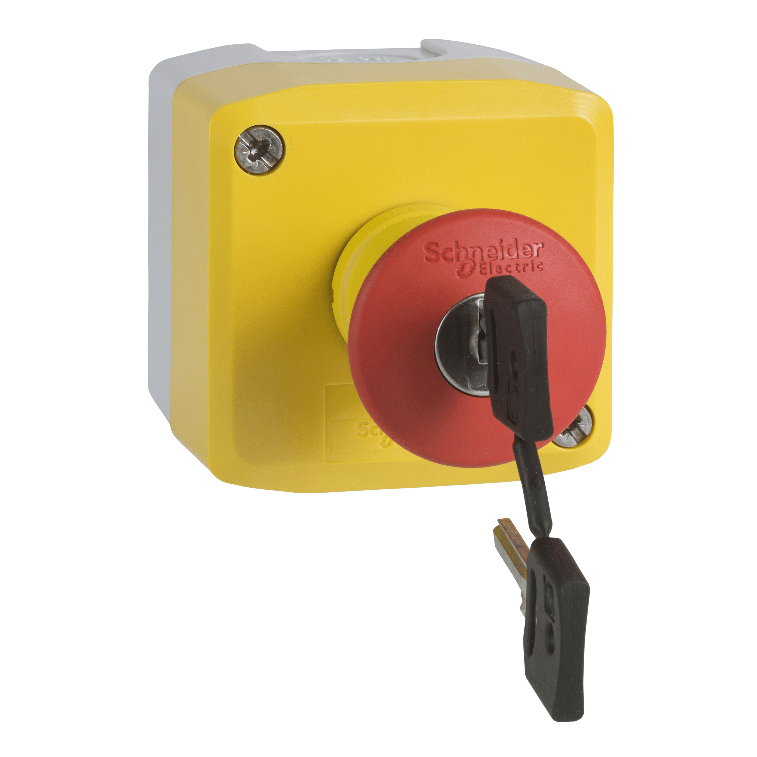 XALK188E - Harmony XALD, XALK, Control station, plastic, yellow, 1 red mushroom head push button Ø40, emergency stop key release 1 NO + 1 NC, unmarked Schneider Electric