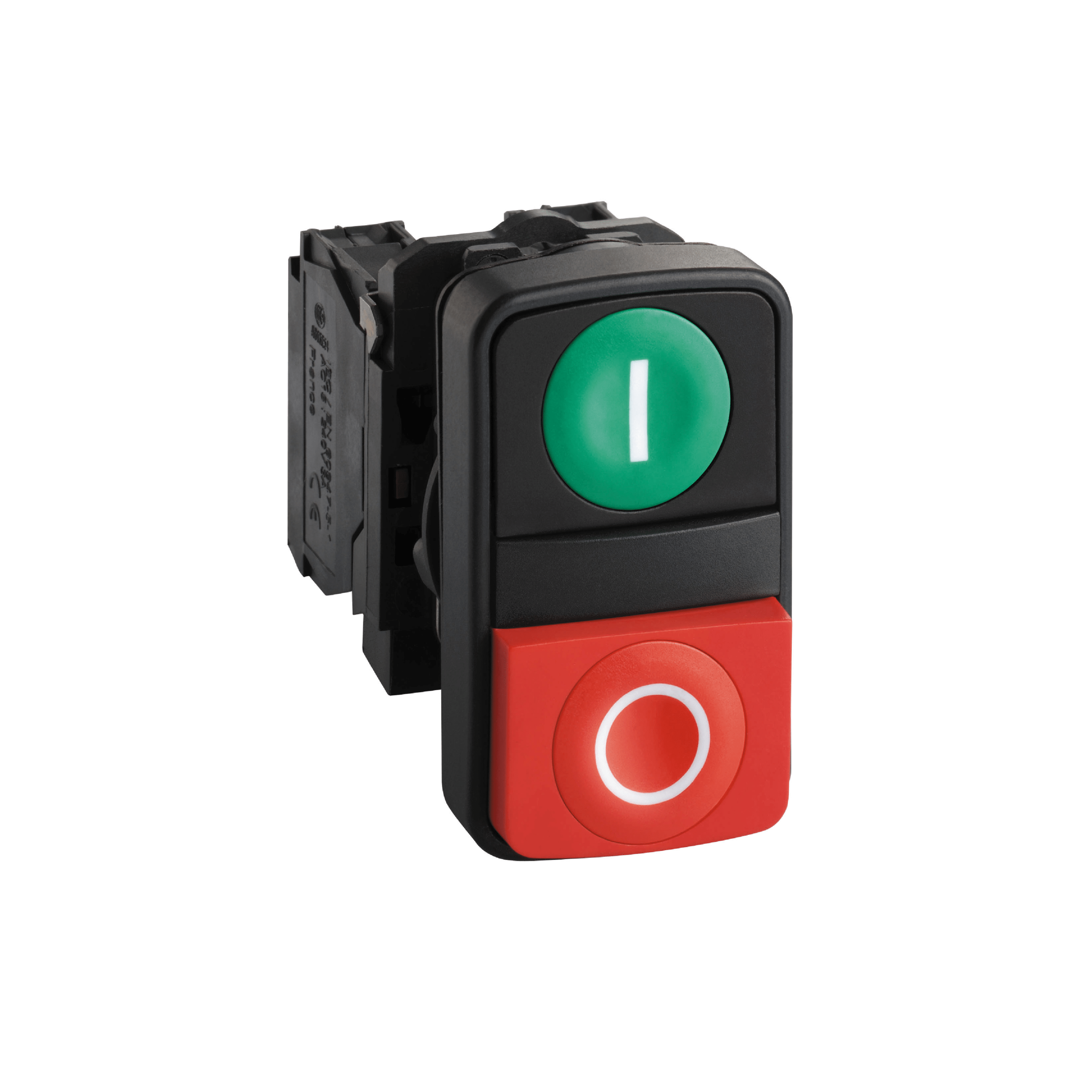 XB5AL73415 - Harmony XB5, Double-headed push button, plastic, Ø22, 1 green flush marked I + 1 red projecting marked O, 1 NO + 1 NC Schneider Electric