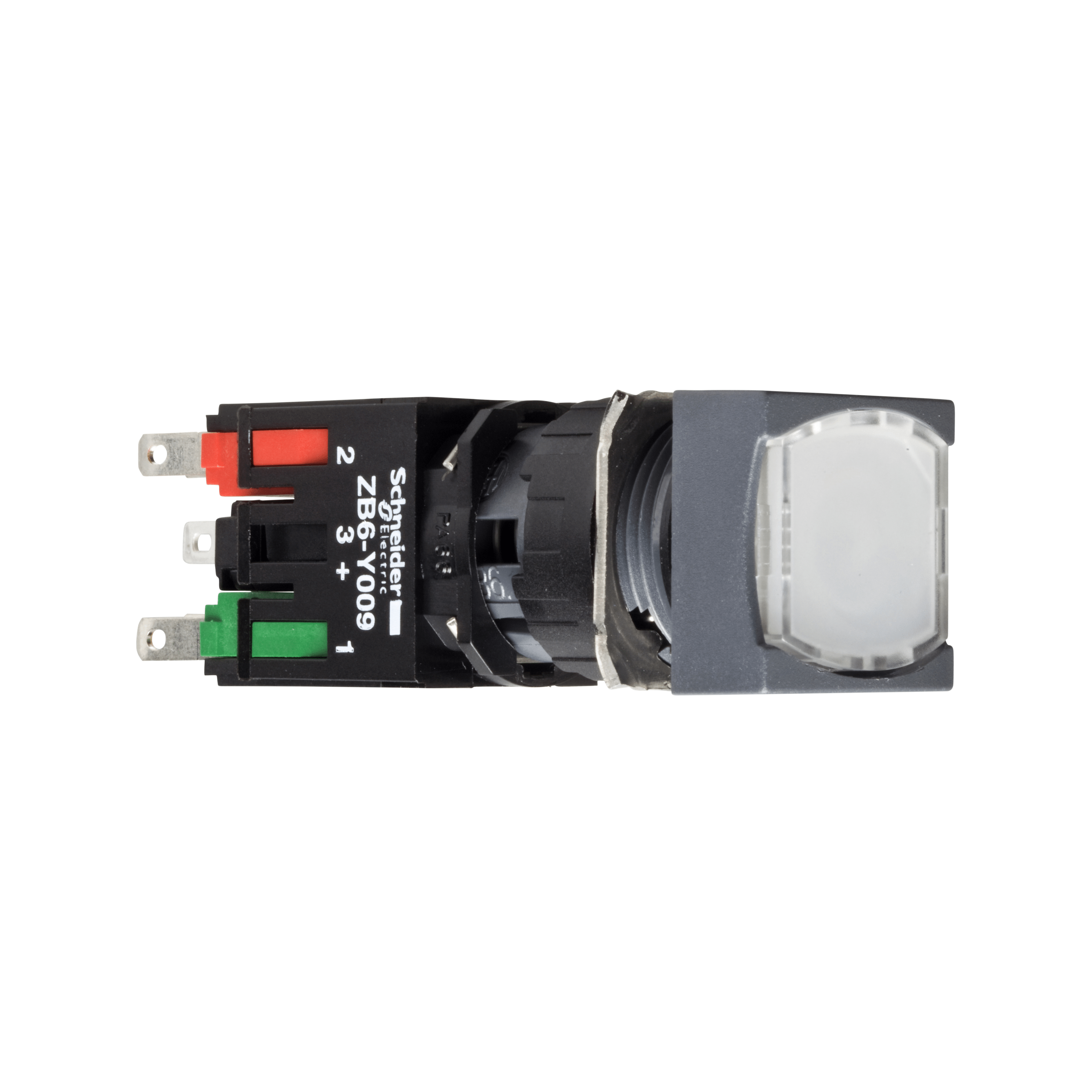 Complete illuminated push button, Harmony XB6, white square flush illum pushbutton Ø 16 latching 1NO+1NC 12...24 V Schneider Electric