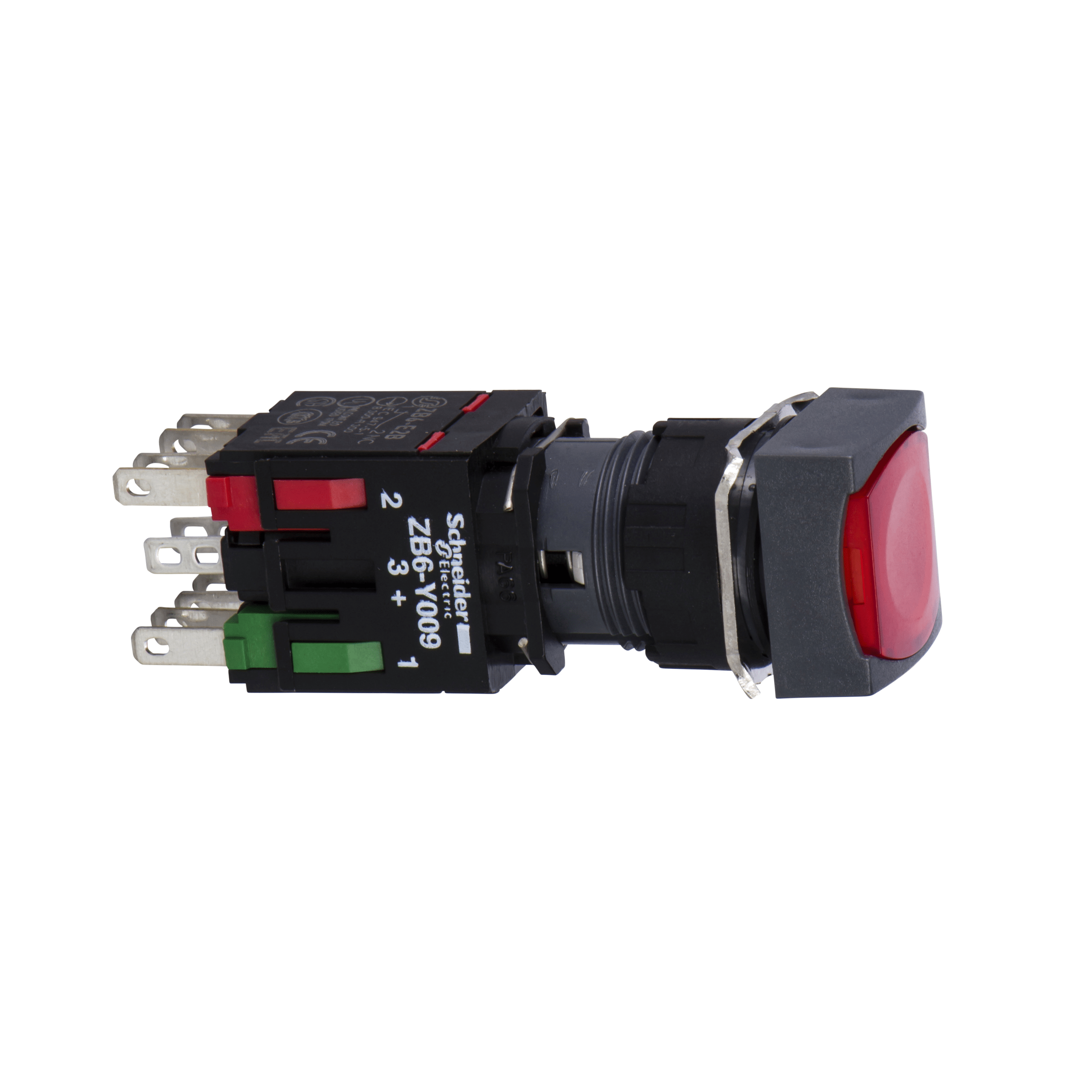 XB6CW4B5B – Complete illuminated push button, Harmony XB6, red square flush illum pushbutton Ø 16 spring return 1NO+1NC 12…