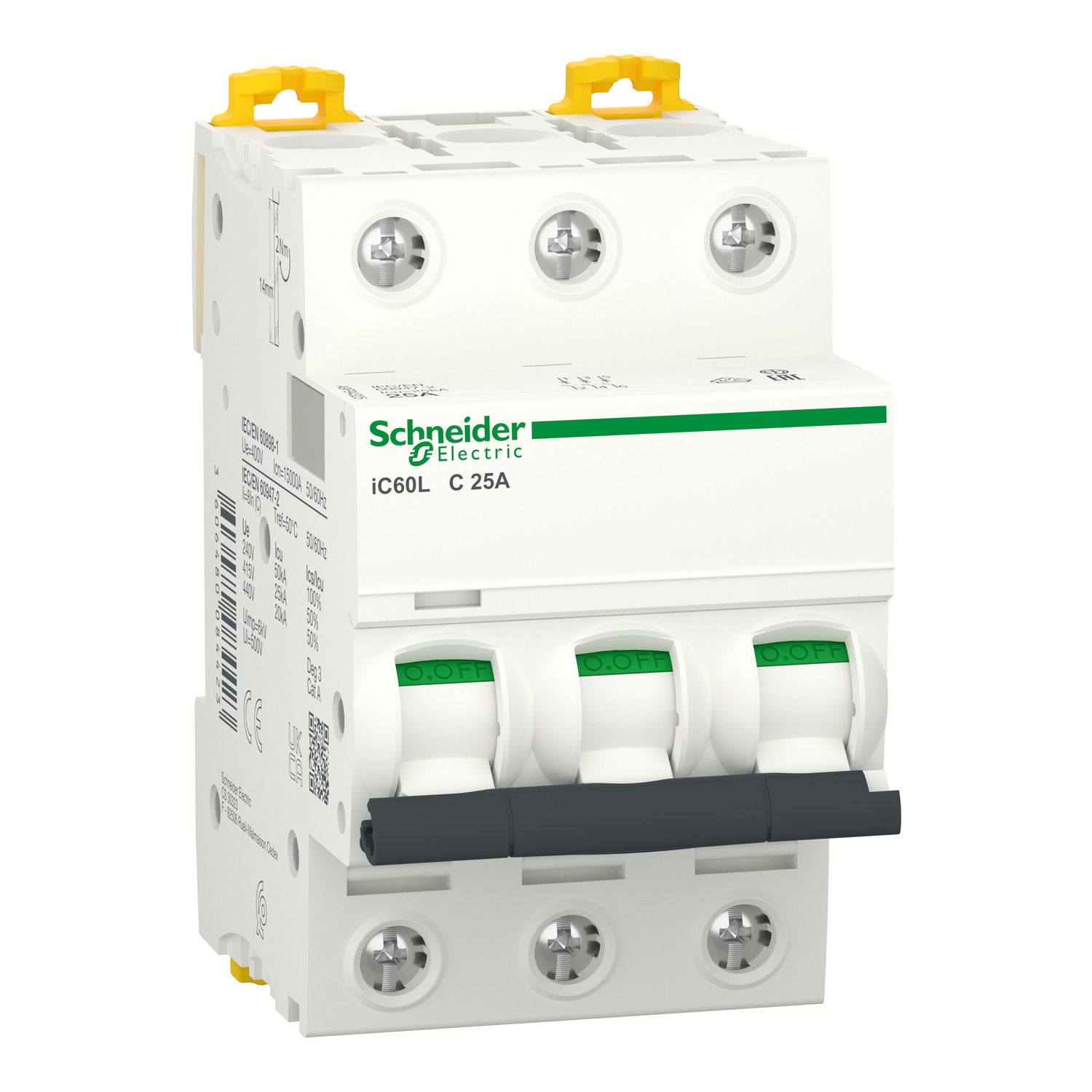 Miniature circuit-breaker, Acti9 iC60L, 3P, 25 A, C curve, 15000 A (IEC 60898-1), 25 kA (IEC 60947-2)