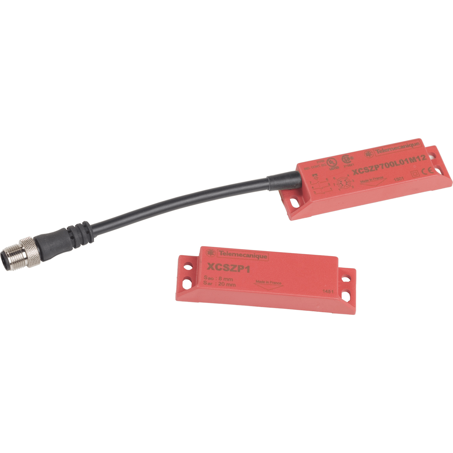 XCSDMP700L01M12 – Coded magnetic switch, Telemecanique Safety switches XCS, XCSDMP, 2 NC + 1 NO, 1 NC staggered, M12 0.15 m | Telemecanique Sensors