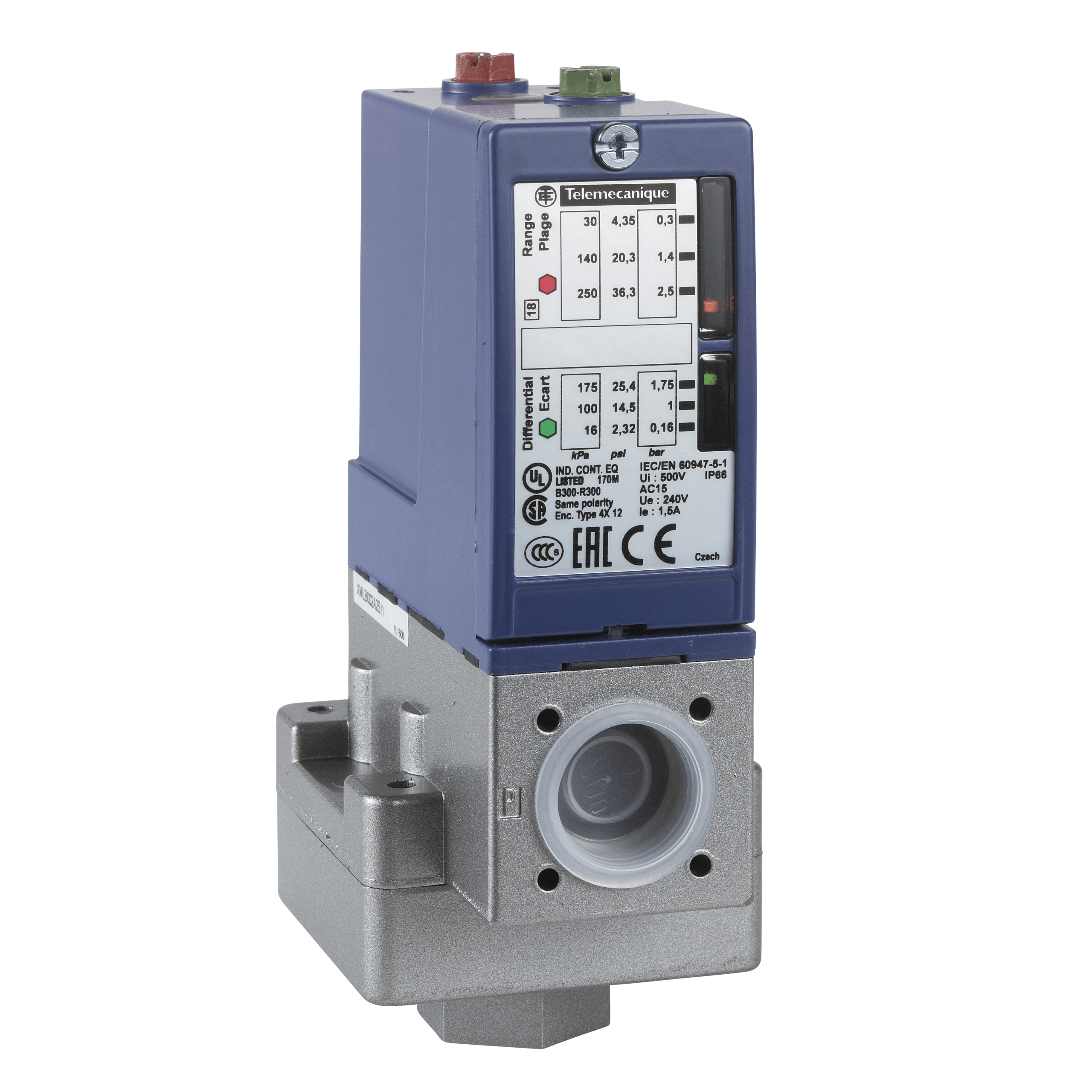 XMLB002A2S11 – Electromechanical pressure sensor, Pressure sensors XM, switch XMLB 2.5 bar, adjustable scale 2 thresholds, 1 C/O | Telemecanique Sensors