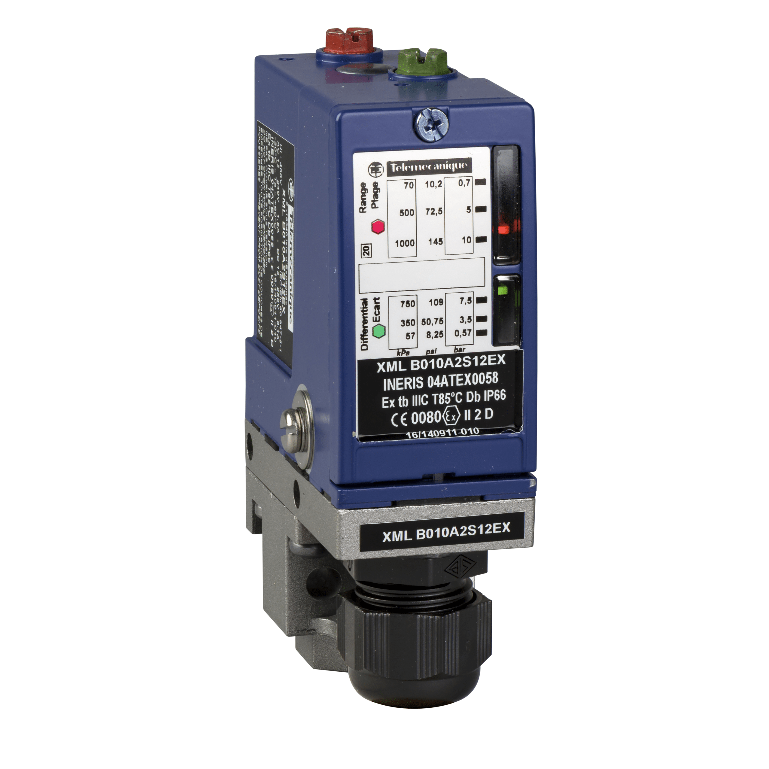 XMLB010A2S12EX – Pressure switch XMLB - 10 bar - adjustable scale 2 thresholds - 1 C/O | Telemecanique Sensors