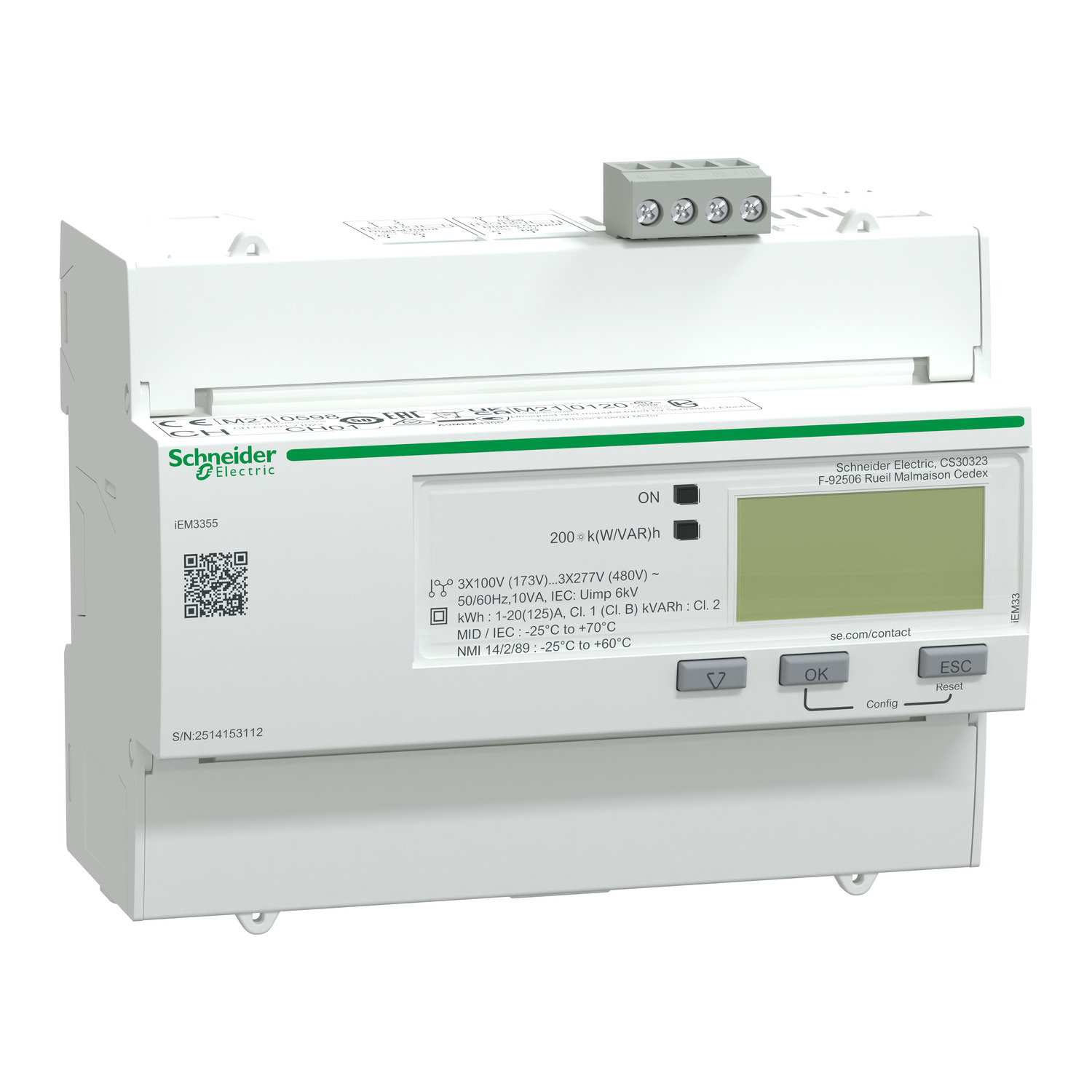 A9MEM3355 – IEM3355 energy meter, 125 A, Modbus, 1 digital I, 1 digital O, multi-tariff, MID | Schneider Electric