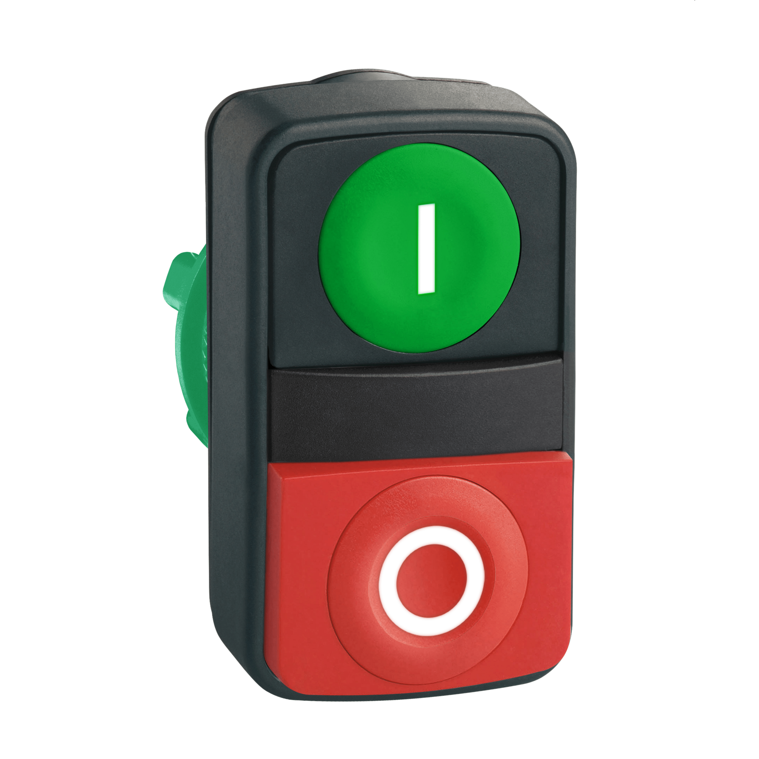 Head for illuminated double headed push button, Harmony XB5, XB4, green flush/red projecting pushbutton Ø22 mm unmarked