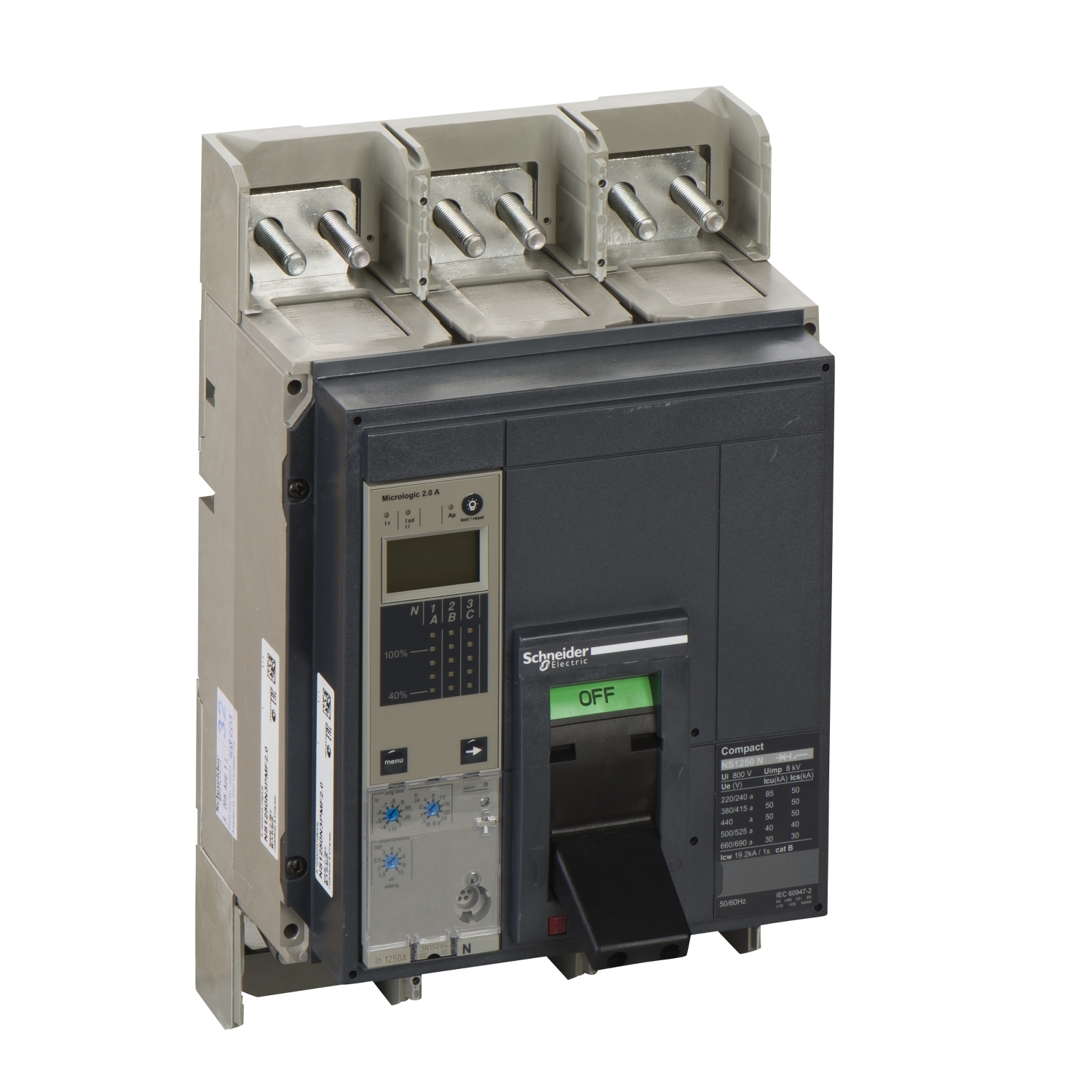 Circuit breaker ComPact NS1250N, 50 kA at 415 VAC, Micrologic 2.0 A trip unit, 1250 A, fixed,3 poles 3d