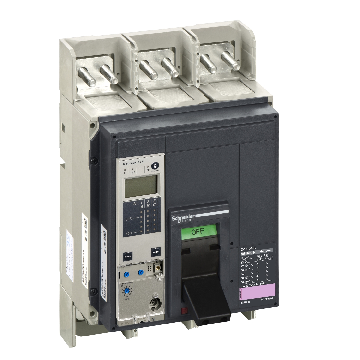 33263 – Circuit breaker ComPact NS1600N, 50 kA at 415 VAC, Micrologic 2.0 A trip unit, 1600 A, fixed,3 poles 3d | Schneide…