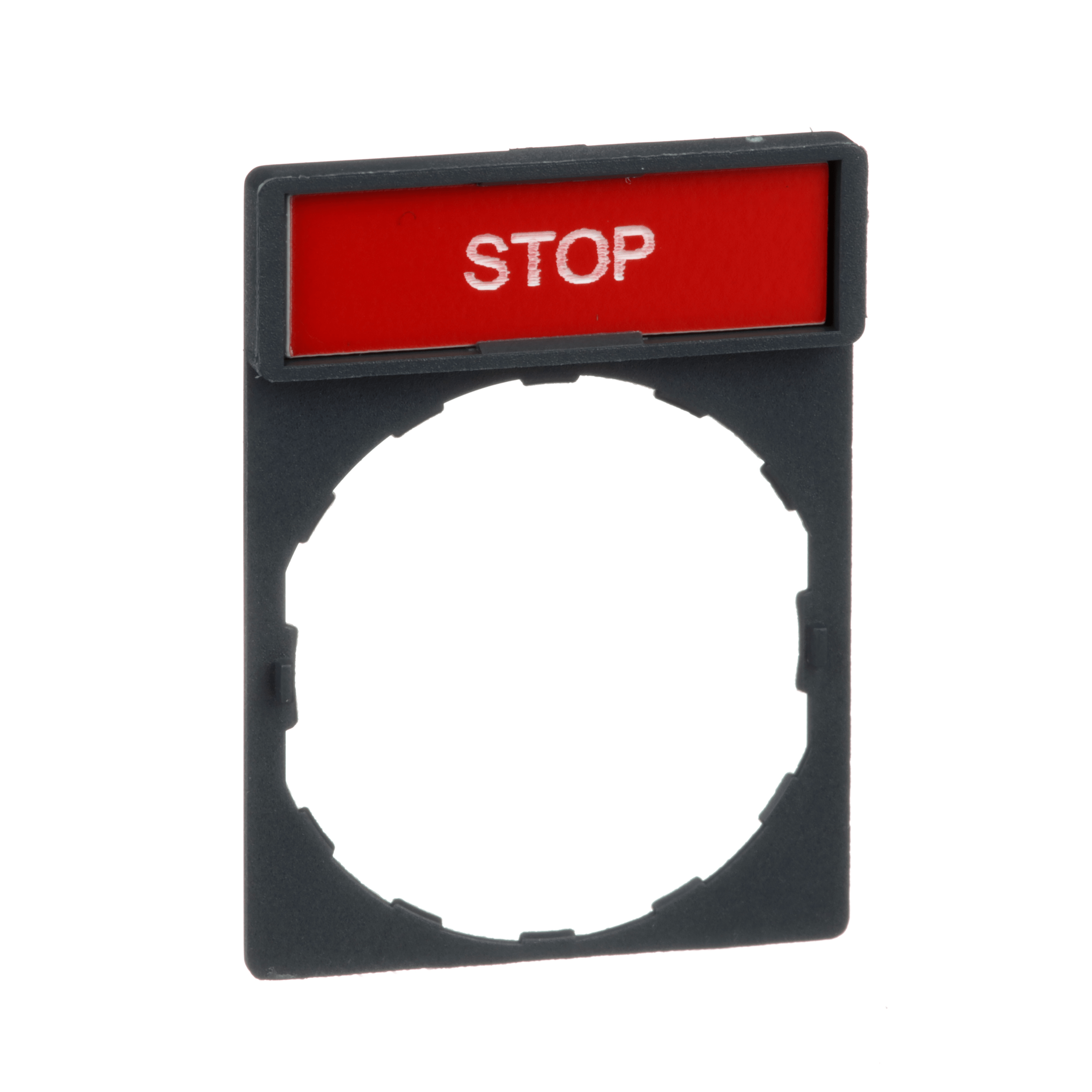ZBY2304 – Harmony XB4, Legend holder 30 x 40 mm, plastic, with legend 8 x 27 mm, marked STOP | Schneider Electric