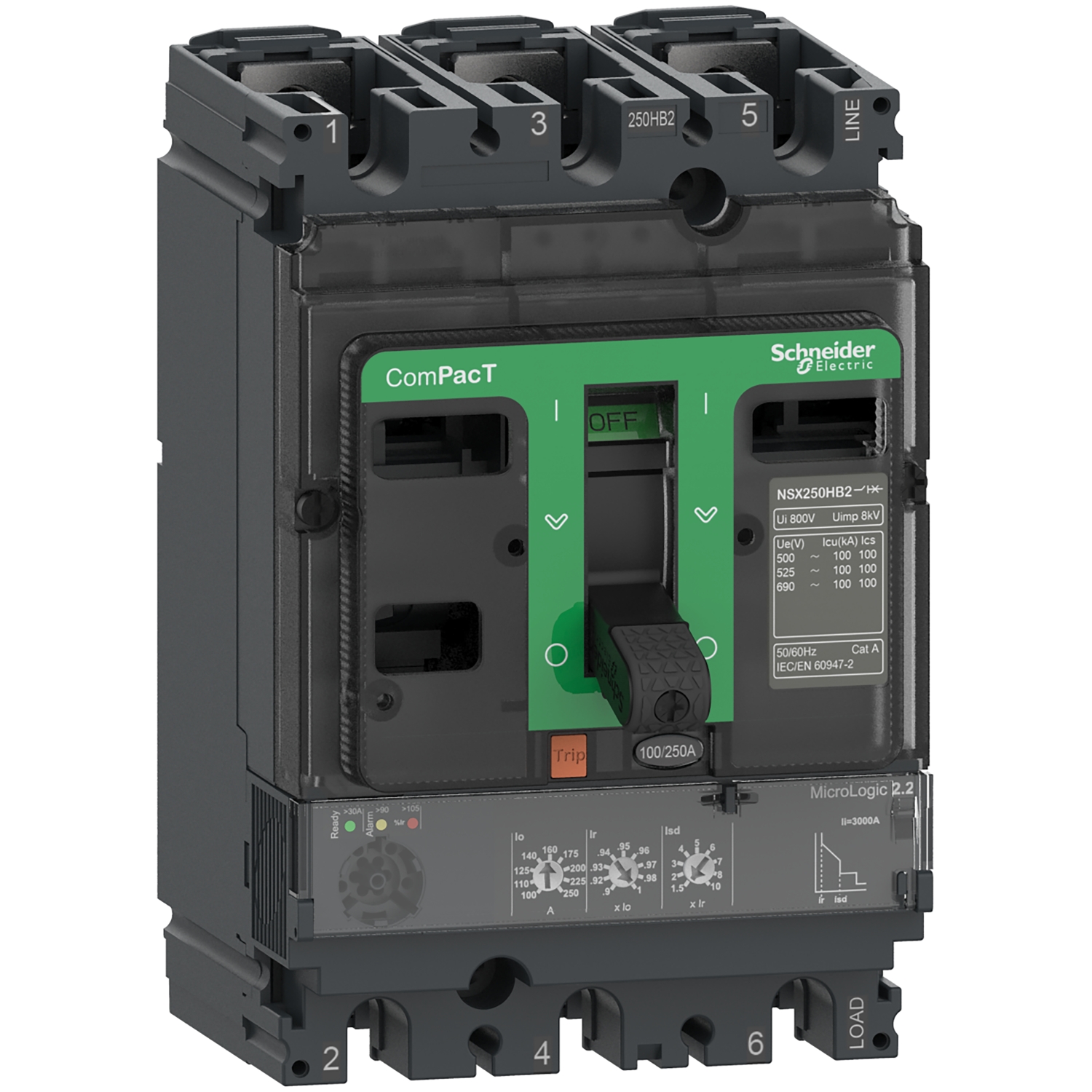 Circuit breaker ComPacT NSX250H, 70kA at 415VAC, MicroLogic 2.2 trip unit 250A, 3 poles 3d