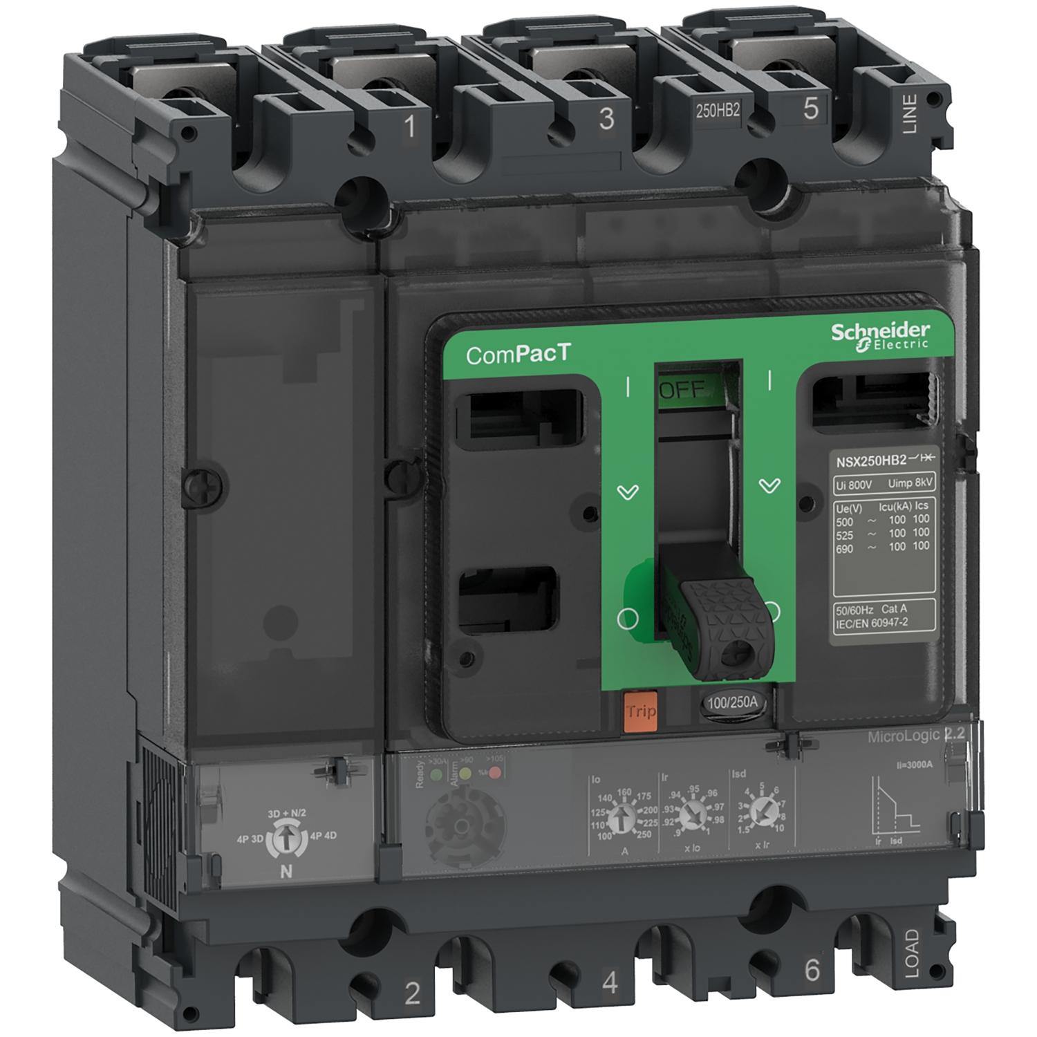 Circuit breaker ComPacT NSX160B, 25kA at 415VAC, MicroLogic 2.2 trip unit 100A, 4 poles 4d