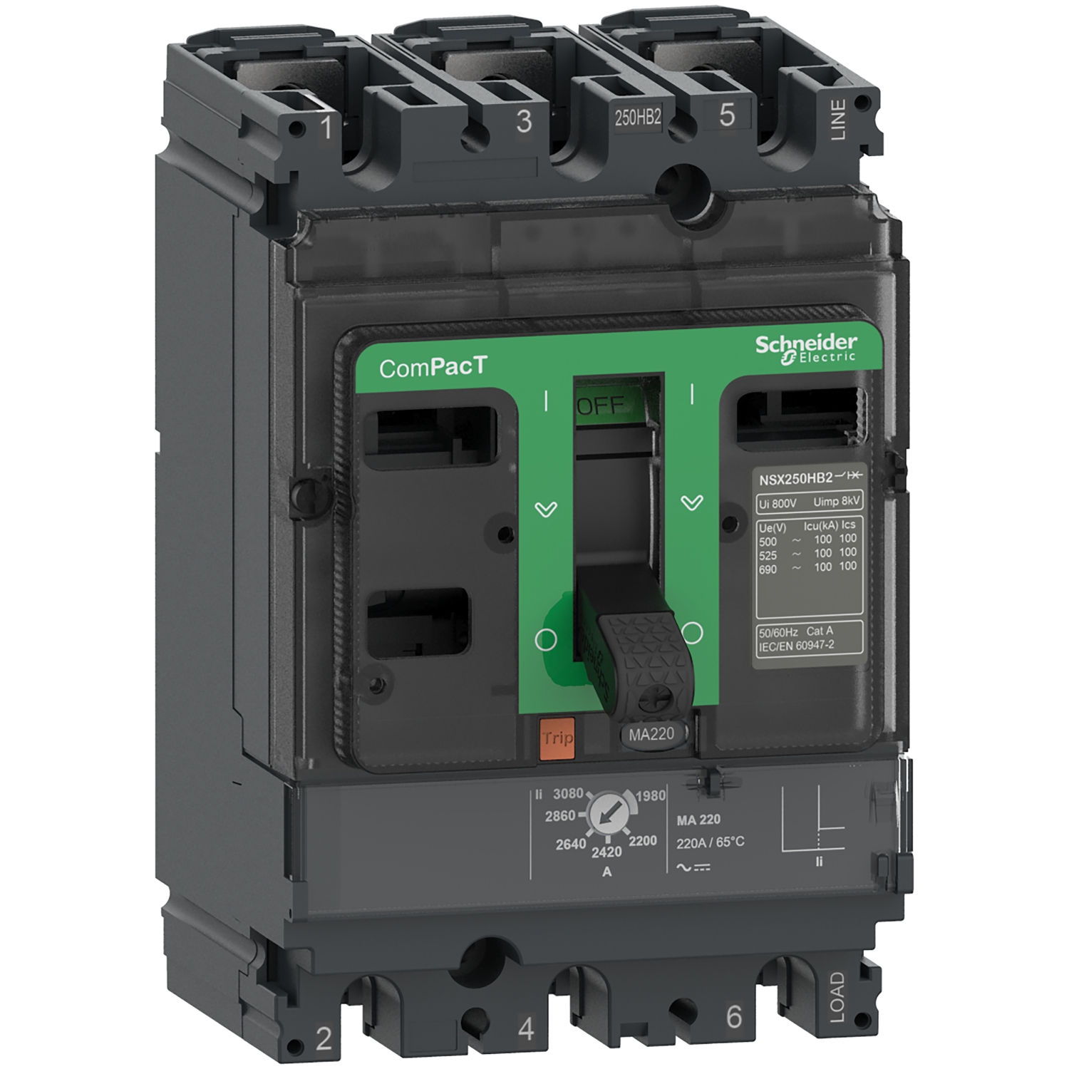 Circuit breaker ComPacT NSX250R, 200kA at 415VAC, MA trip unit 150A, 3 poles 3d
