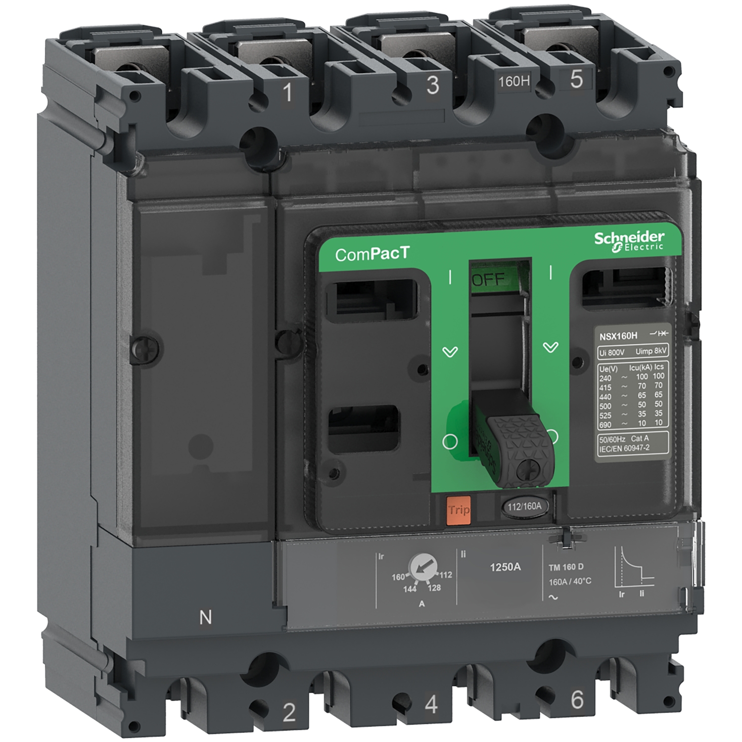 Circuit breaker ComPacT NSX160H, 70kA at 415VAC, TMD trip unit 125A, 4 poles 4d