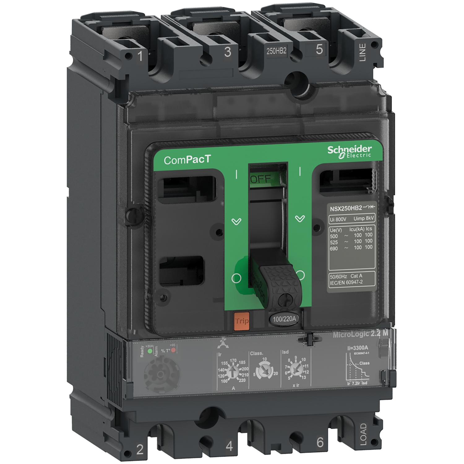 Circuit breaker ComPacT NSX250HB1, 75kA at 690VAC, MicroLogic 2.2 M trip unit 150A, 3 poles 3d
