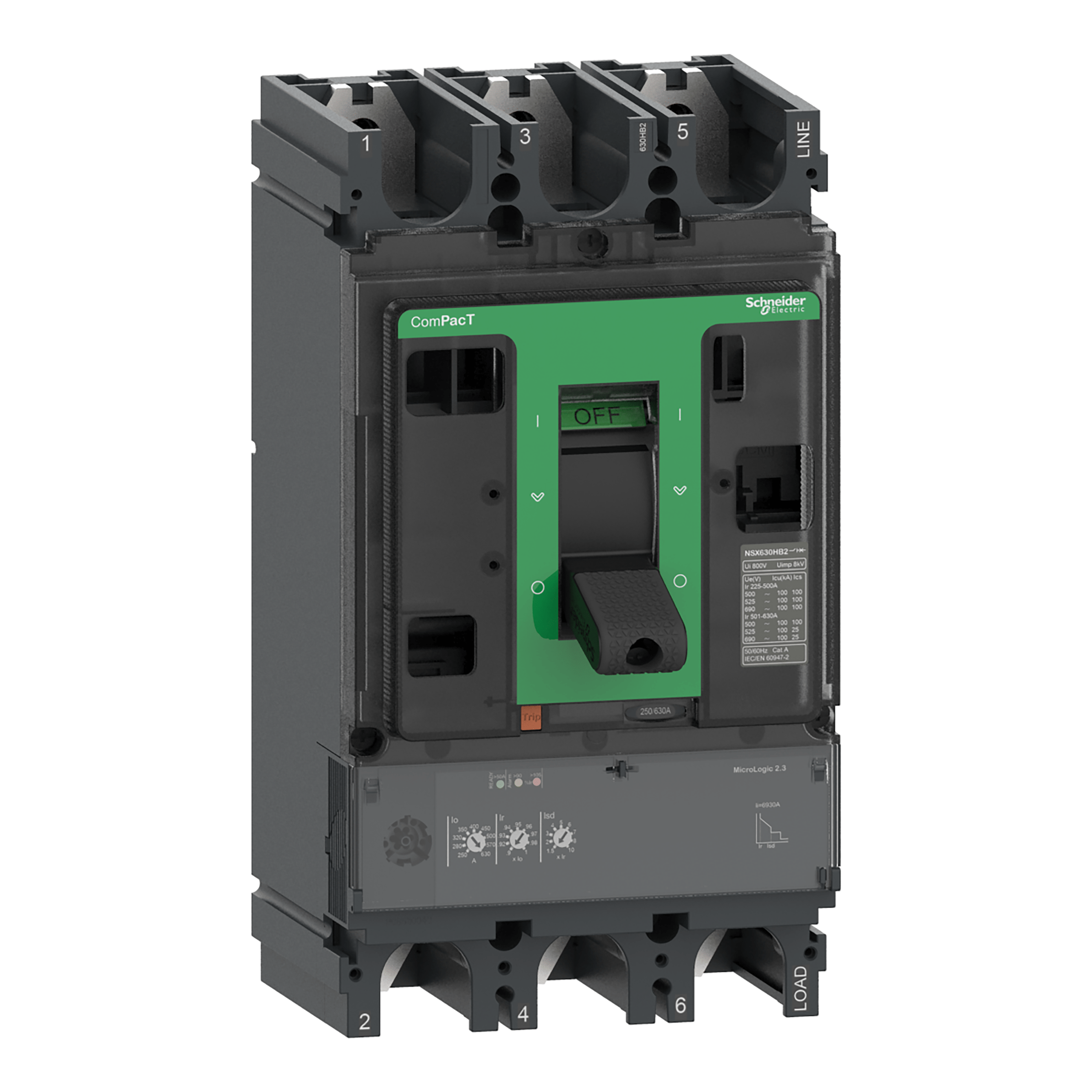 C40W32D250 - Circuit breaker ComPacT NSX400HB2, 100kA at 690VAC, MicroLogic 2.3 trip unit 250A, 3 poles 3d Schneider Electric