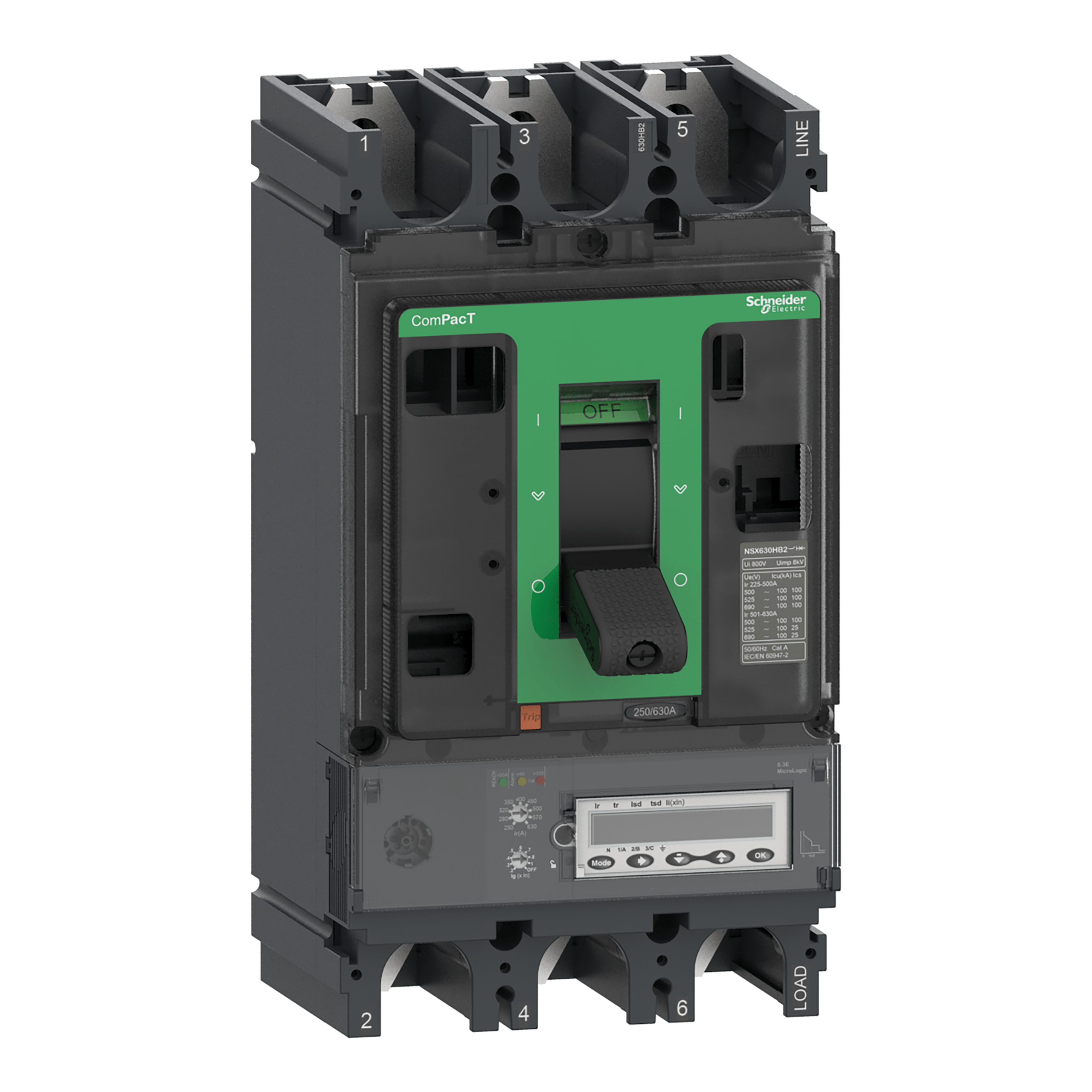 C63W36E630 - Circuit breaker ComPacT NSX630HB2, 100kA at 690VAC, MicroLogic 6.3 E trip unit 630A, 3 poles 3d Schneider Electric