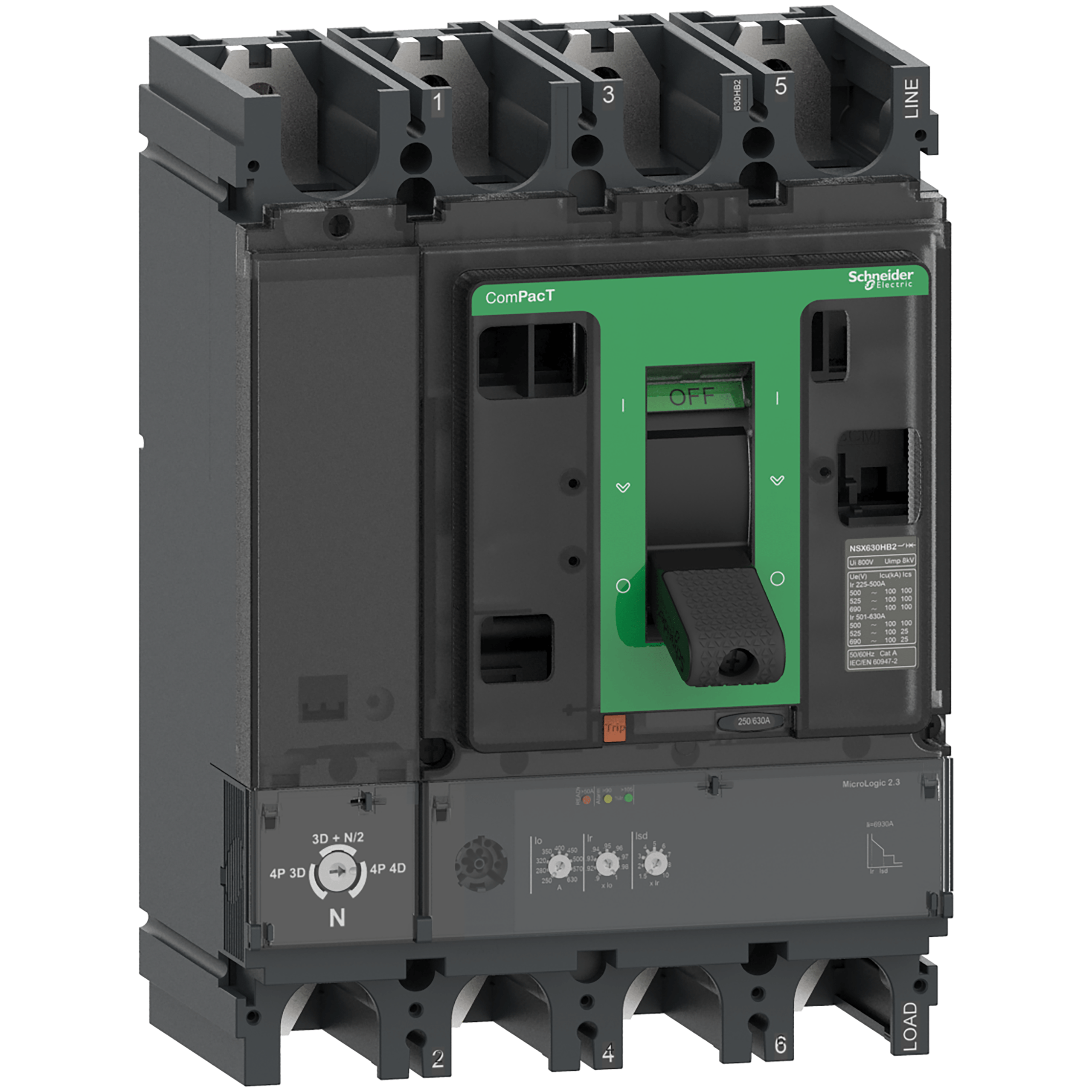 Circuit breaker ComPacT NSX630R, 200kA at 415VAC, MicroLogic 2.3 trip unit 630A, 4 poles 4d