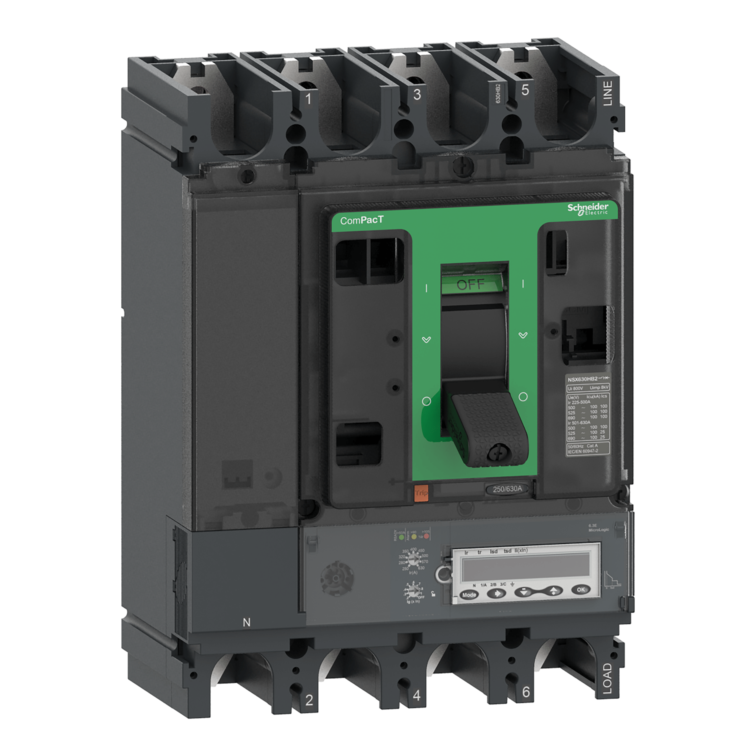 C63W46E630 - Circuit breaker ComPacT NSX630HB2, 100kA at 690VAC, MicroLogic 6.3 E trip unit 630A, 4 poles 4d Schneider Electric